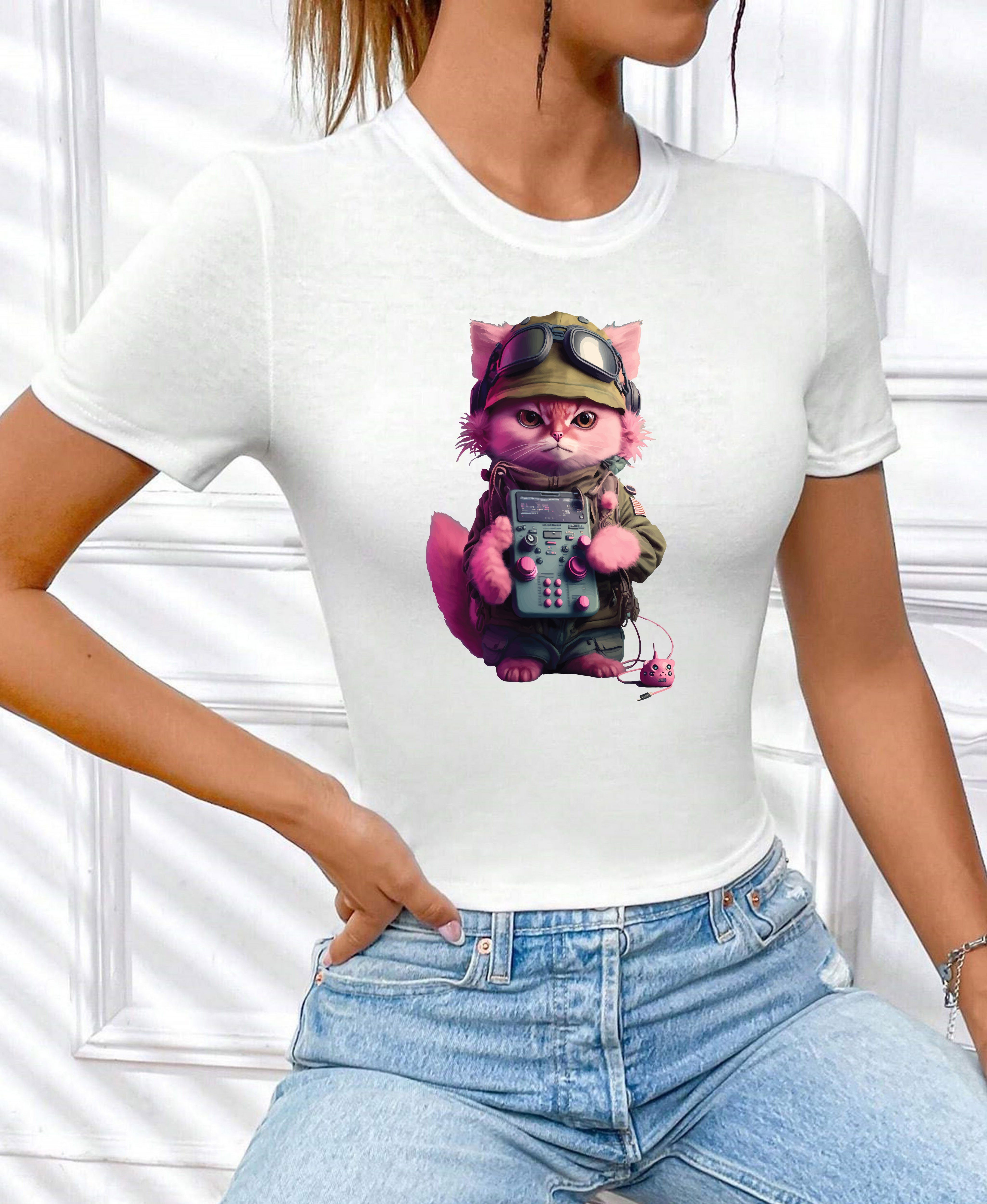 RMK T-Shirt Damen Shirt kurzarm Rundhals "Cat Katze mit Joypad Nerds Gamer" in Unifarbe, mit lizenziertem Originaldesign
