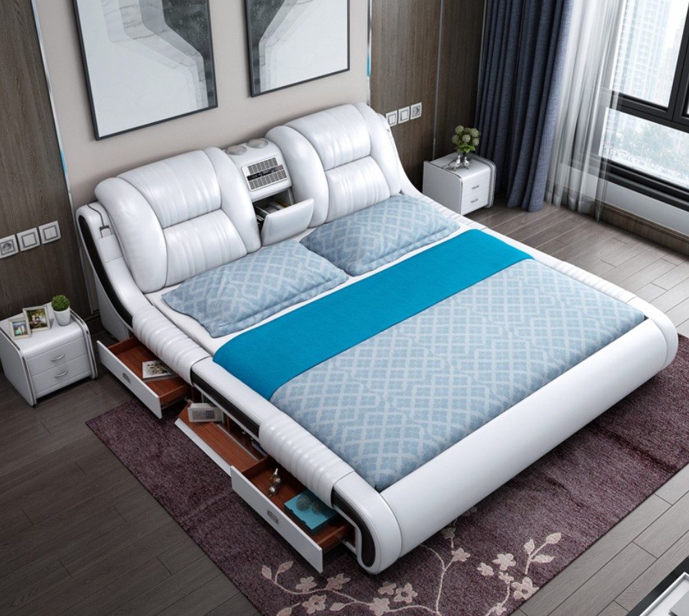 Xlmoebel Multimediabett Multifunktions-Sofa mit USB-Anschluss und Lederpolsterung (1-tlg., Multifunktions Bett), Hergestellt in Europa