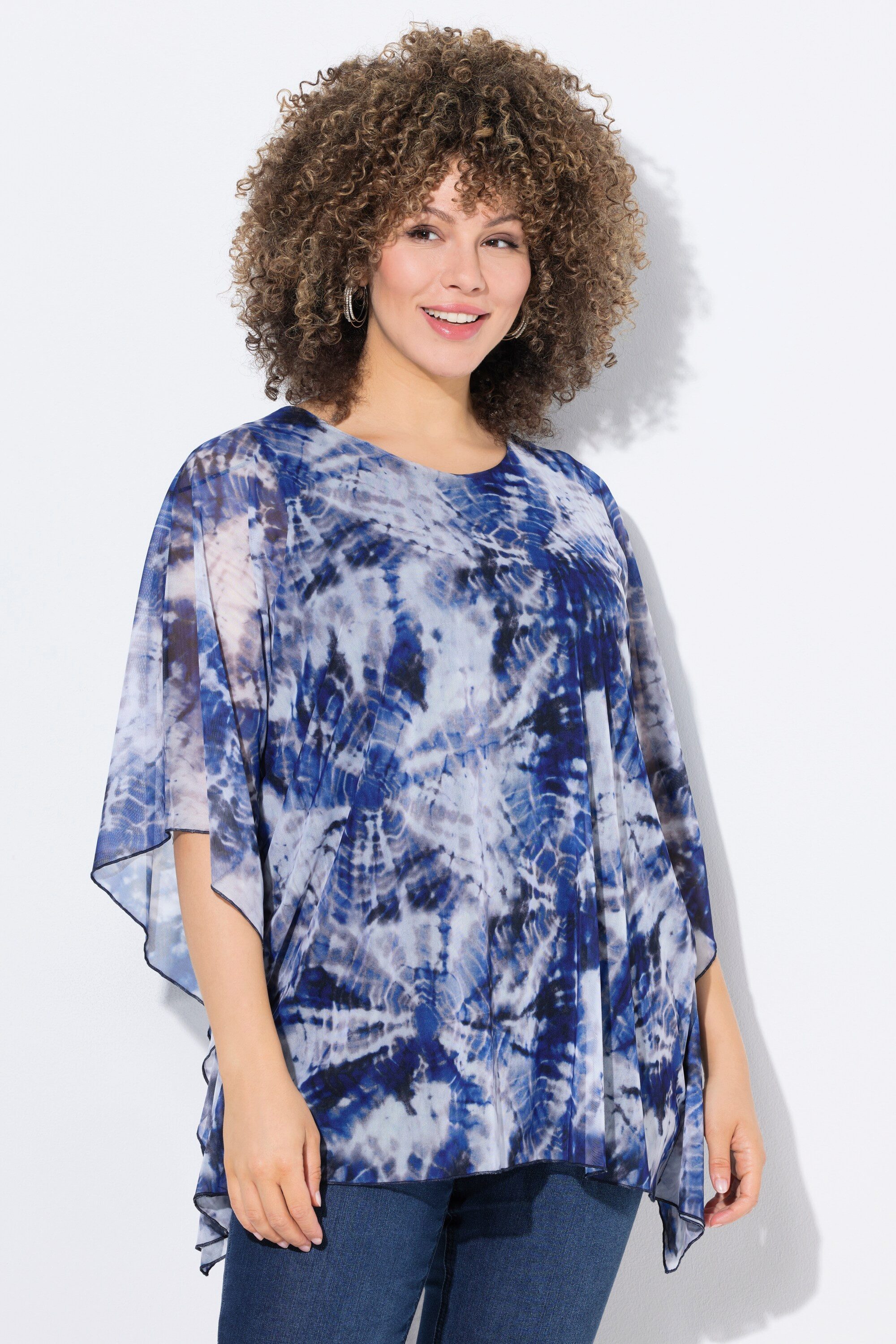Longbluse Bluse doppellagig Oversized Rundhals Halbarm