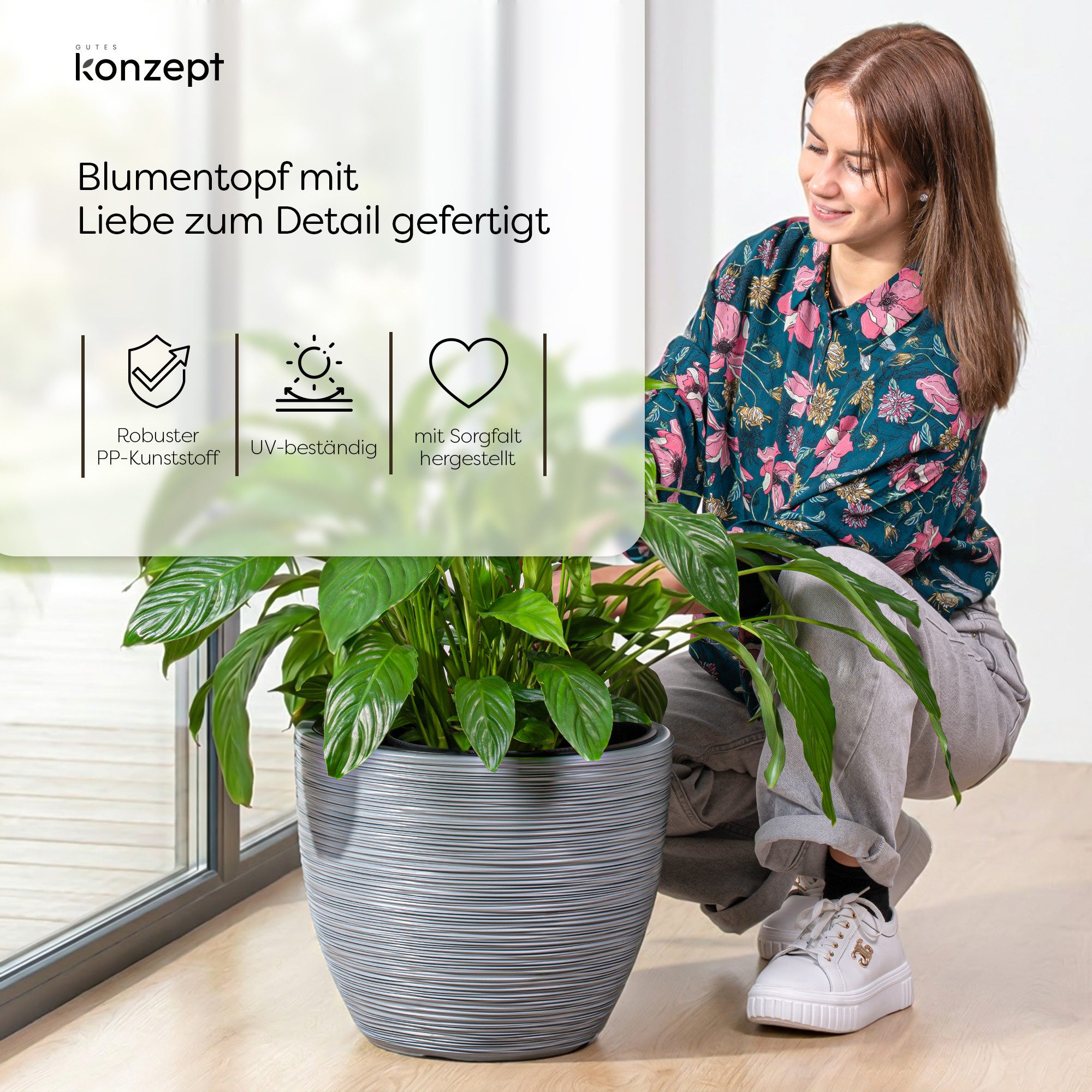 KONZEPT Blumentopf 39 cm Durchmesser aus Kunststoff mit Einsatz, Meißelstruktur, Meißelstruktur/Rippenstruktur, Ovale form