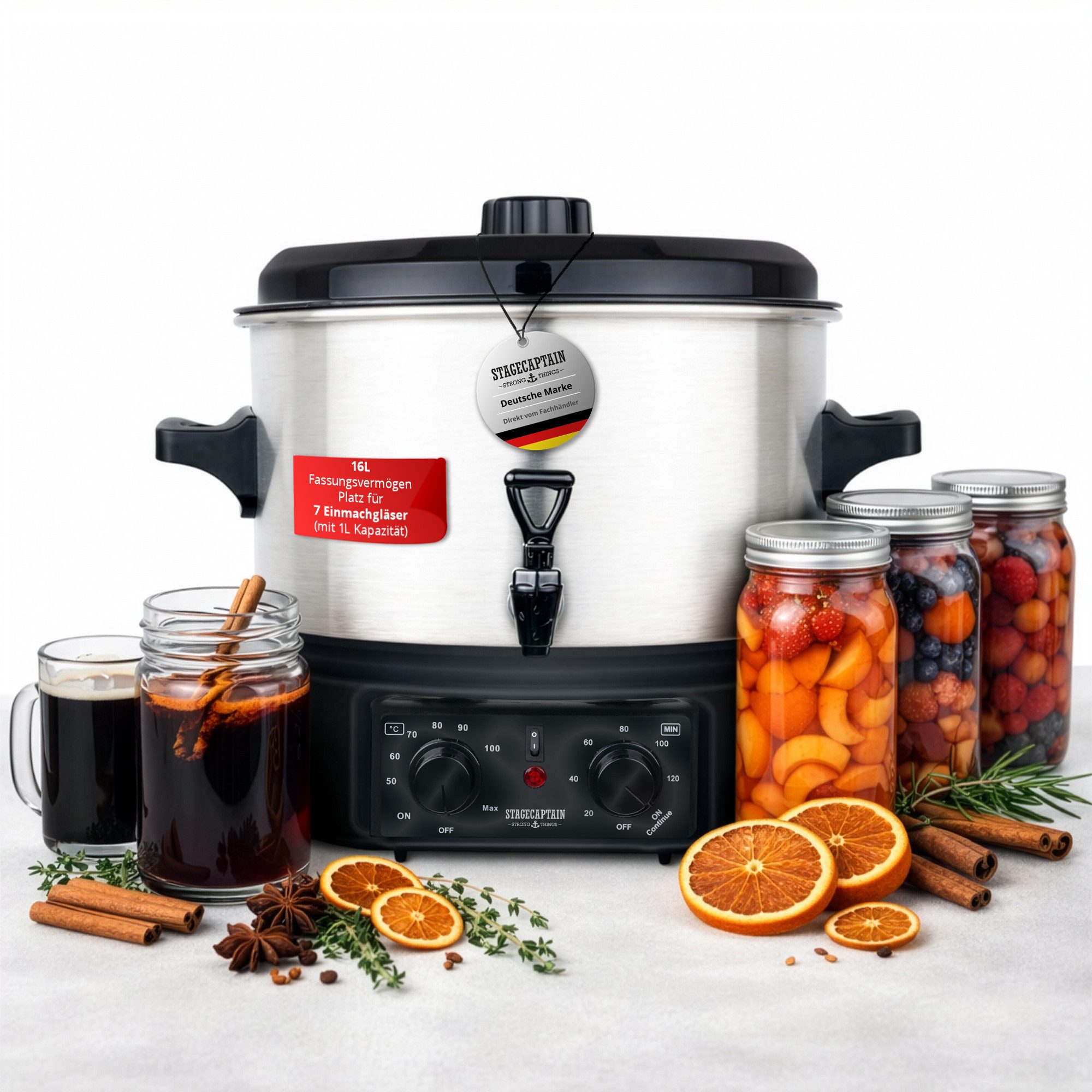 Stagecaptain Einkoch- und Glühweinautomat GWK-16A Glühweinkocher 16 L, 2000 W, Abschaltautomatik bei zu niedrigem Wasserstand