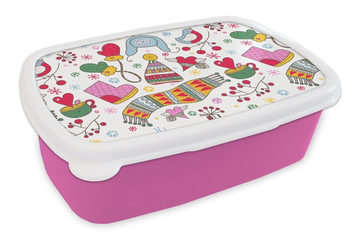 Weihnachten, Kunststoff Mädchen, Muster Snackbox, Kunststoff, Brotbox Brotdose Kinder, MuchoWow rosa - - (2-tlg), Winter Erwachsene, Lunchbox für