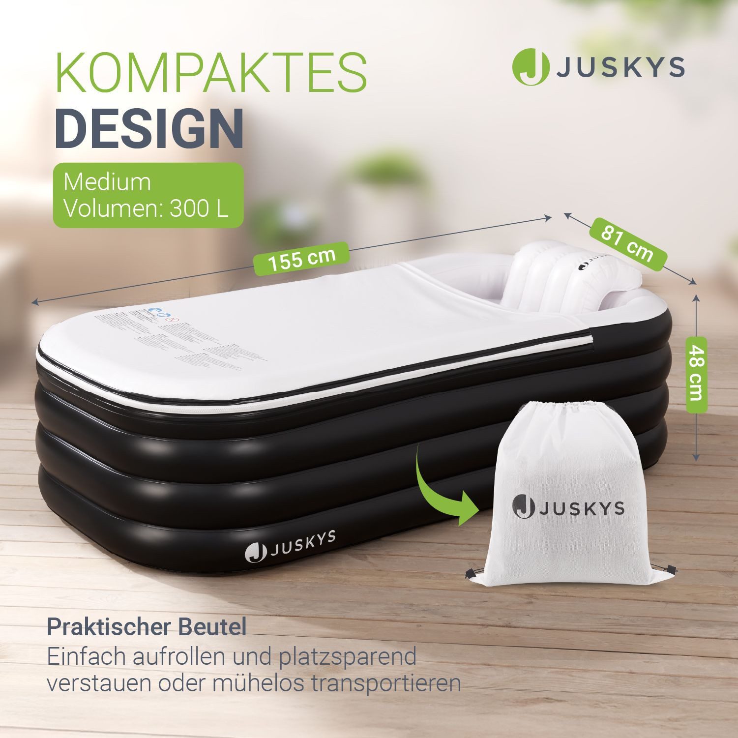 Juskys Badewanne, 300 L, aufblasbar, platzsparend, mit Rückenlehne, Pumpe und Abdeckung