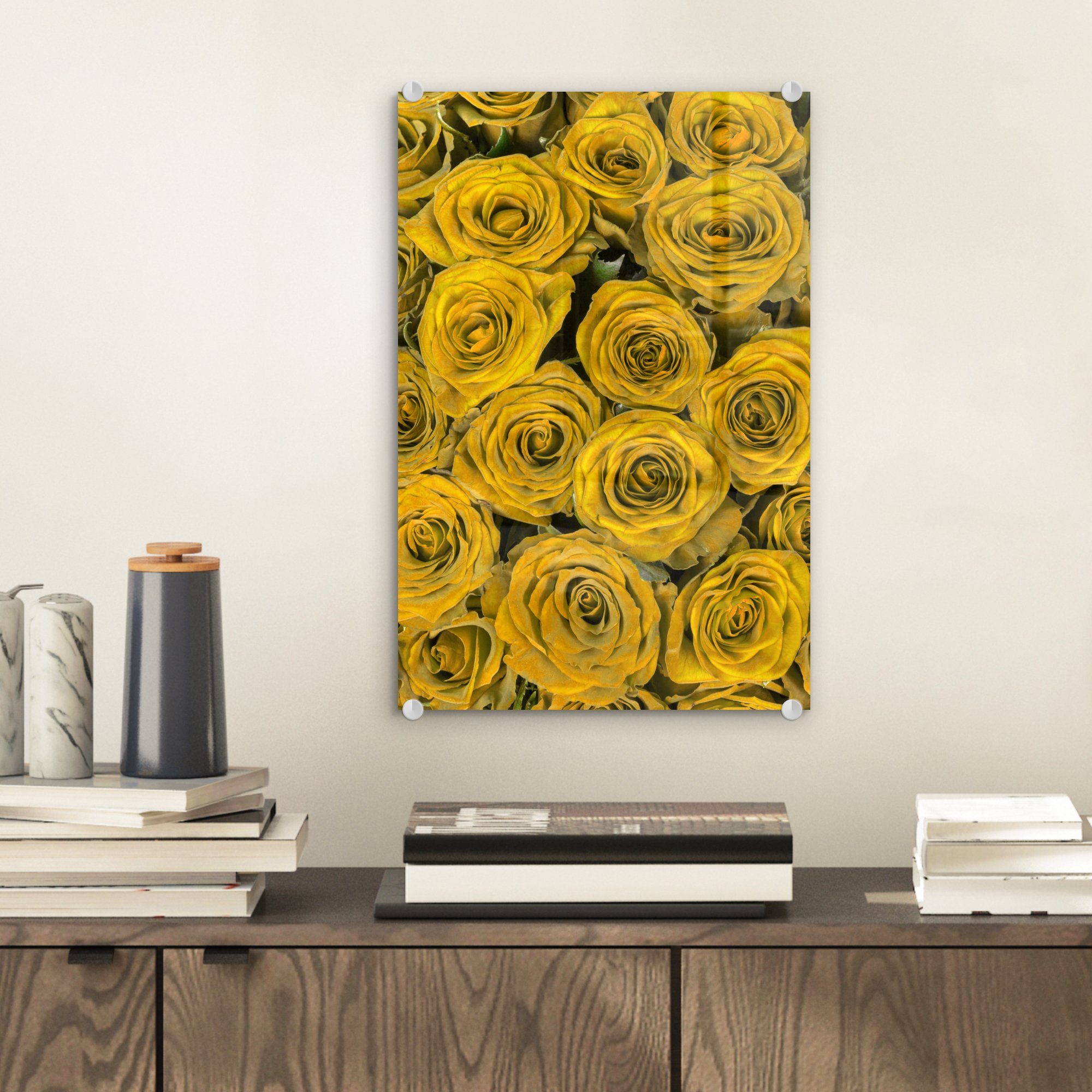 MuchoWow Acrylglasbild Rosen - Blumenstrauß Glas - Wandbild auf St), Glasbilder - Foto (1 Gelb, - Wanddekoration - Glas auf Bilder