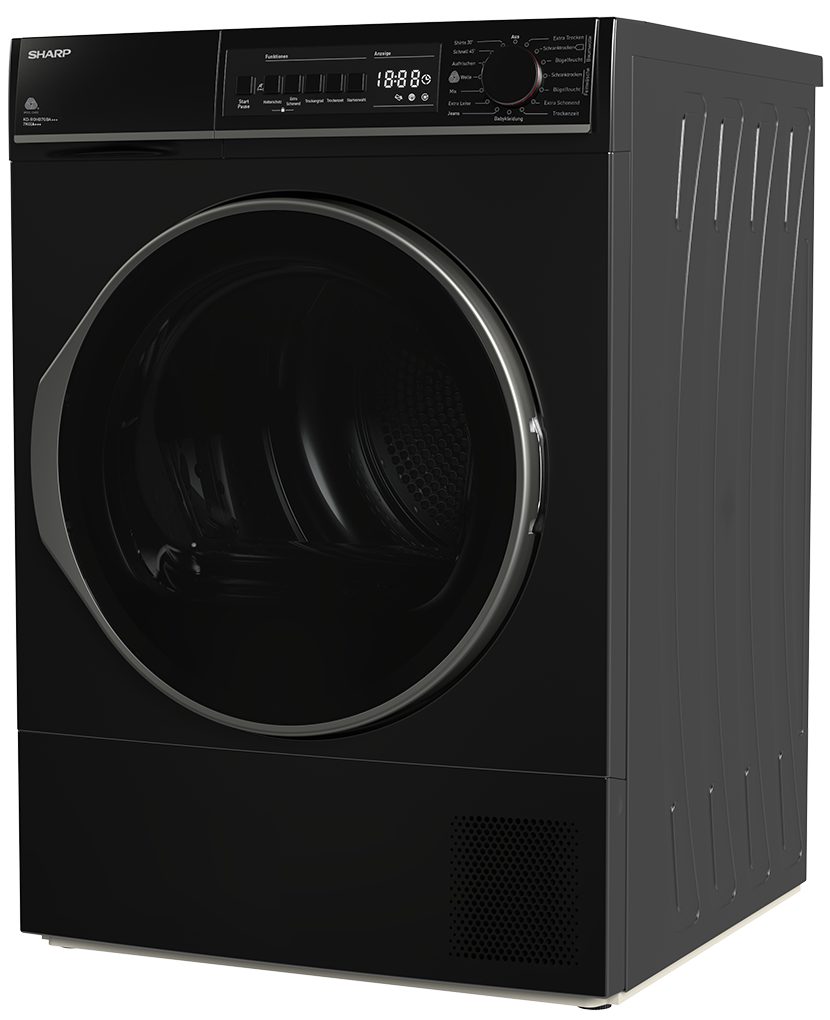 Sharp Wärmepumpentrockner schwarz KD-ROHB7GBA+++-DE, Zwei-Wege-Schleudern, Knitterschutzfunktion, LED-Countdown