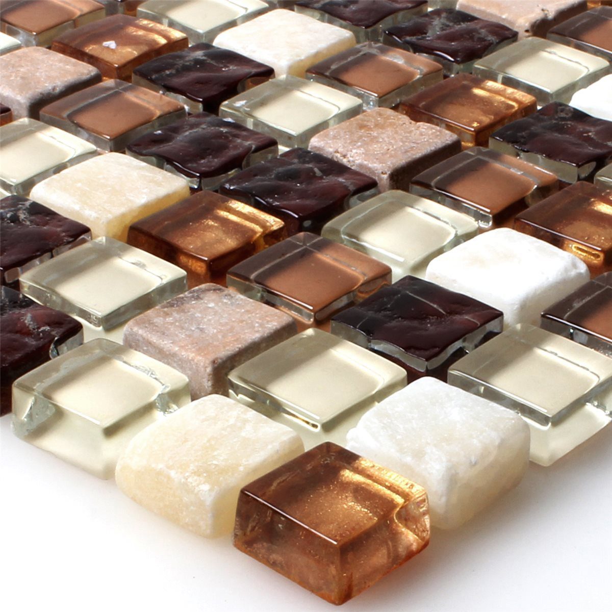 Mosafil Mosaikfliesen Glas Naturstein Marmor Mosaikfliesen Teros Braun Mix, Naturstein-Glas-Marmor 32.200x30.500, weiß-beige-braun, Verlegefertig auf ein Netz geklebt - Wasserfest