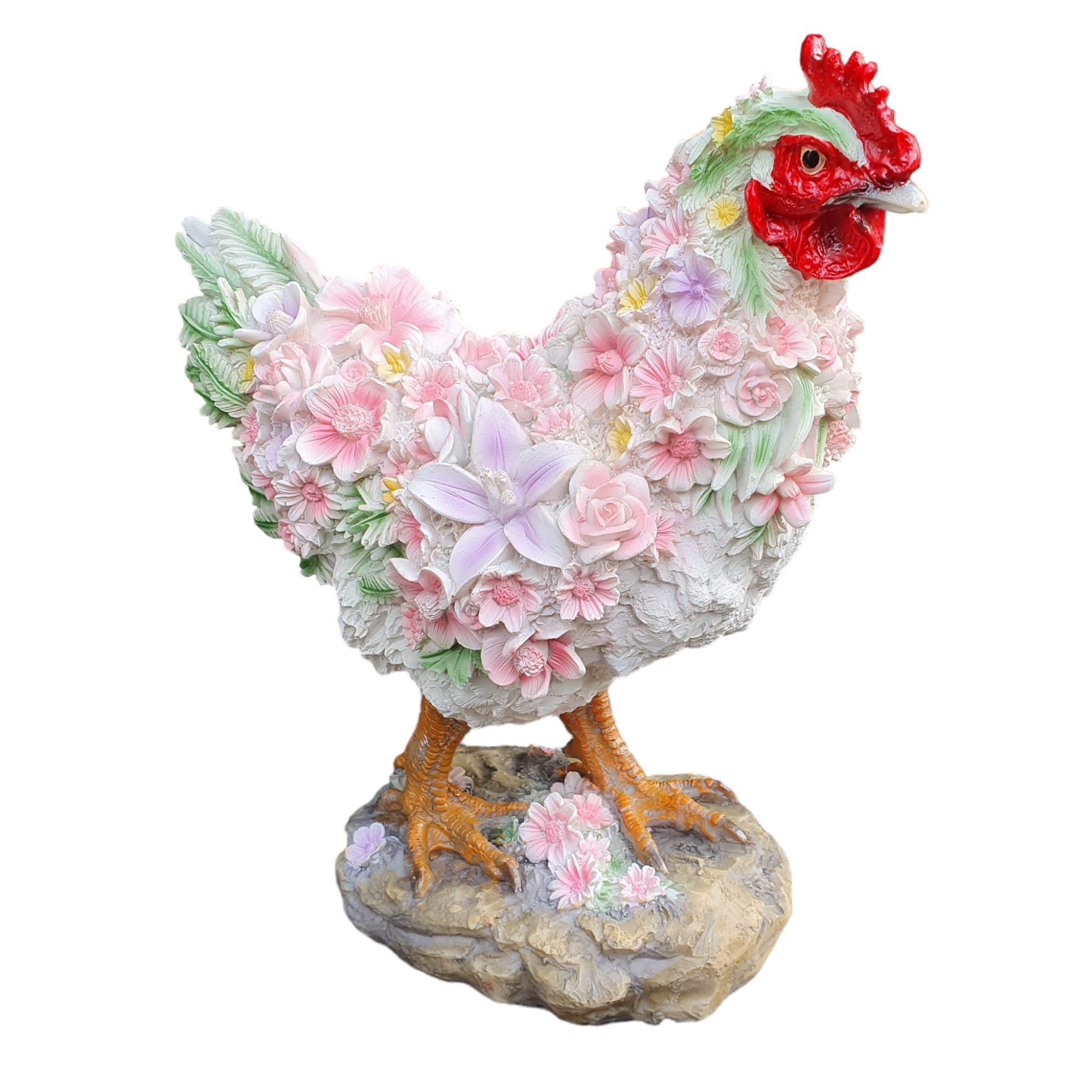 Aspinaworld Gartenfigur Huhn Figur mit Blumen Federn 31 cm, Figur für den Garten