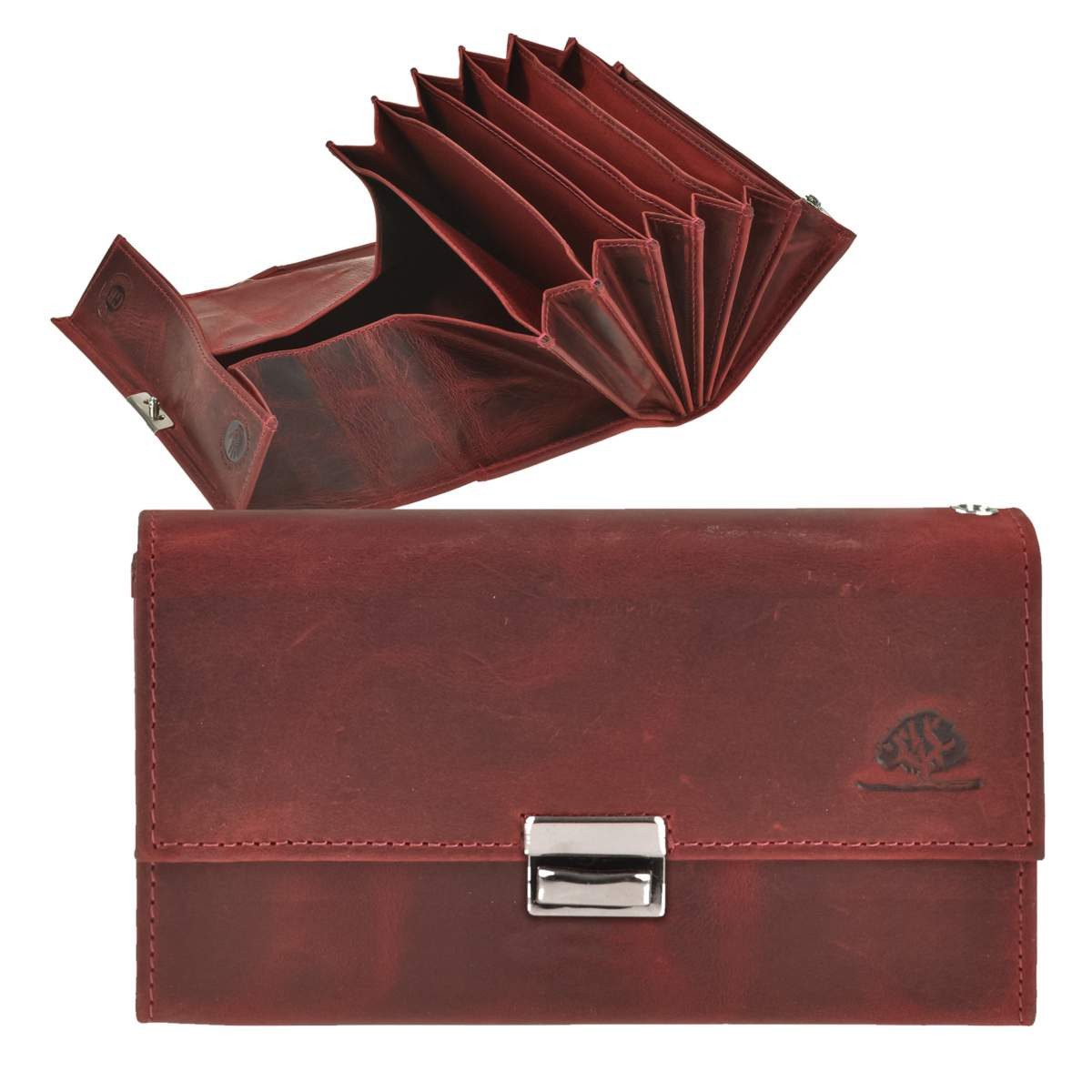 Greenburry Kellnerbörse "Vintage" Leder antik Kellnerportemonnaie 17x9cm (1-teilig), rot, mit Sichtfensterfach auf der Rückseite
