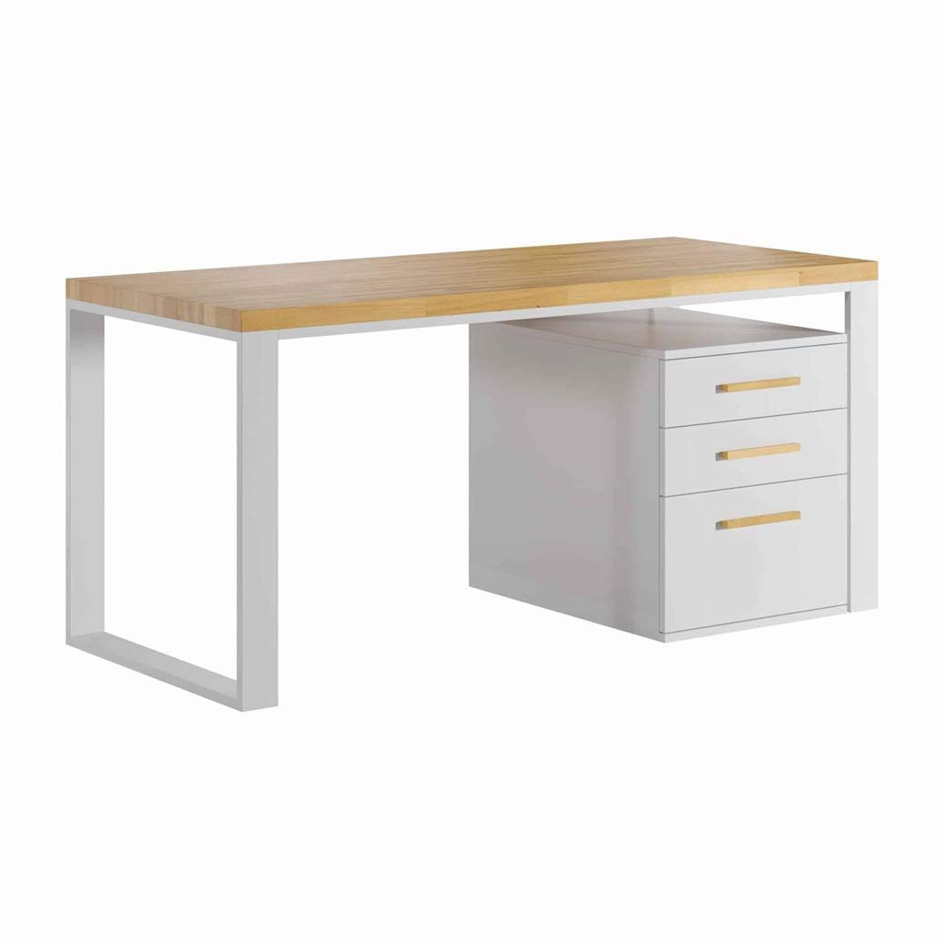 Deerhorn Schreibtisch Loft Office mit Rollcontainer, Weiß, Eiche Massiv, 3 Schubladen, Höhe 75 cm