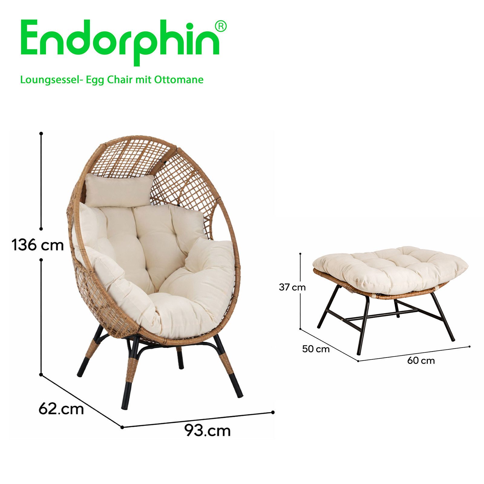 Endorphin Gartensessel Loungesessel Egg Chair, Gartenmöbel, Korbsessel für drinnen u. draußen (1 Loungesessel inkl. Rückenkissen + 1 Ottomane inkl. Kissen), Belastbar bis 200 kg