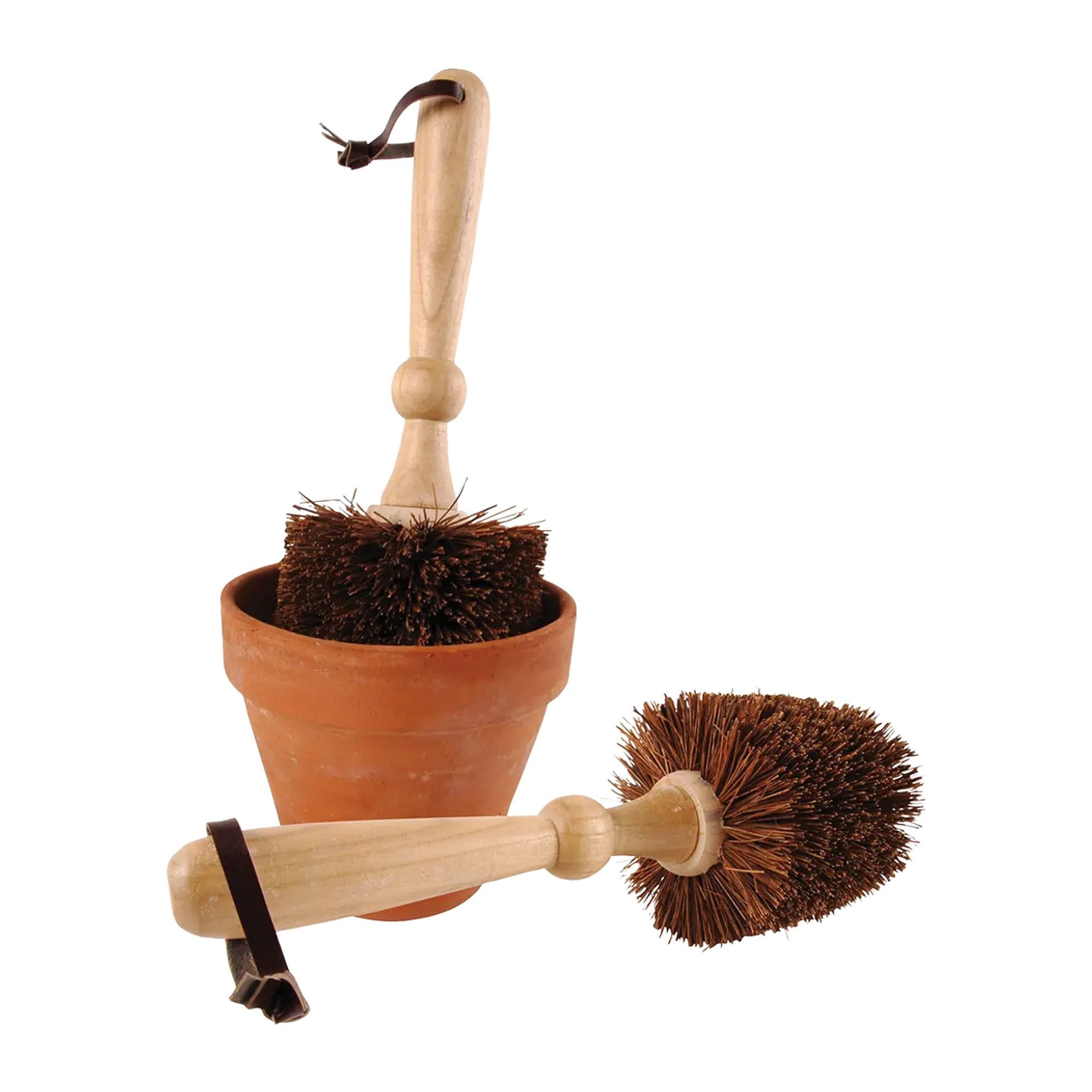 Esschert Design BV Reinigungsbürste Blumentopf Bürste aus Buchenholz und Kokosfaser, Leder-Aufhängeöse
