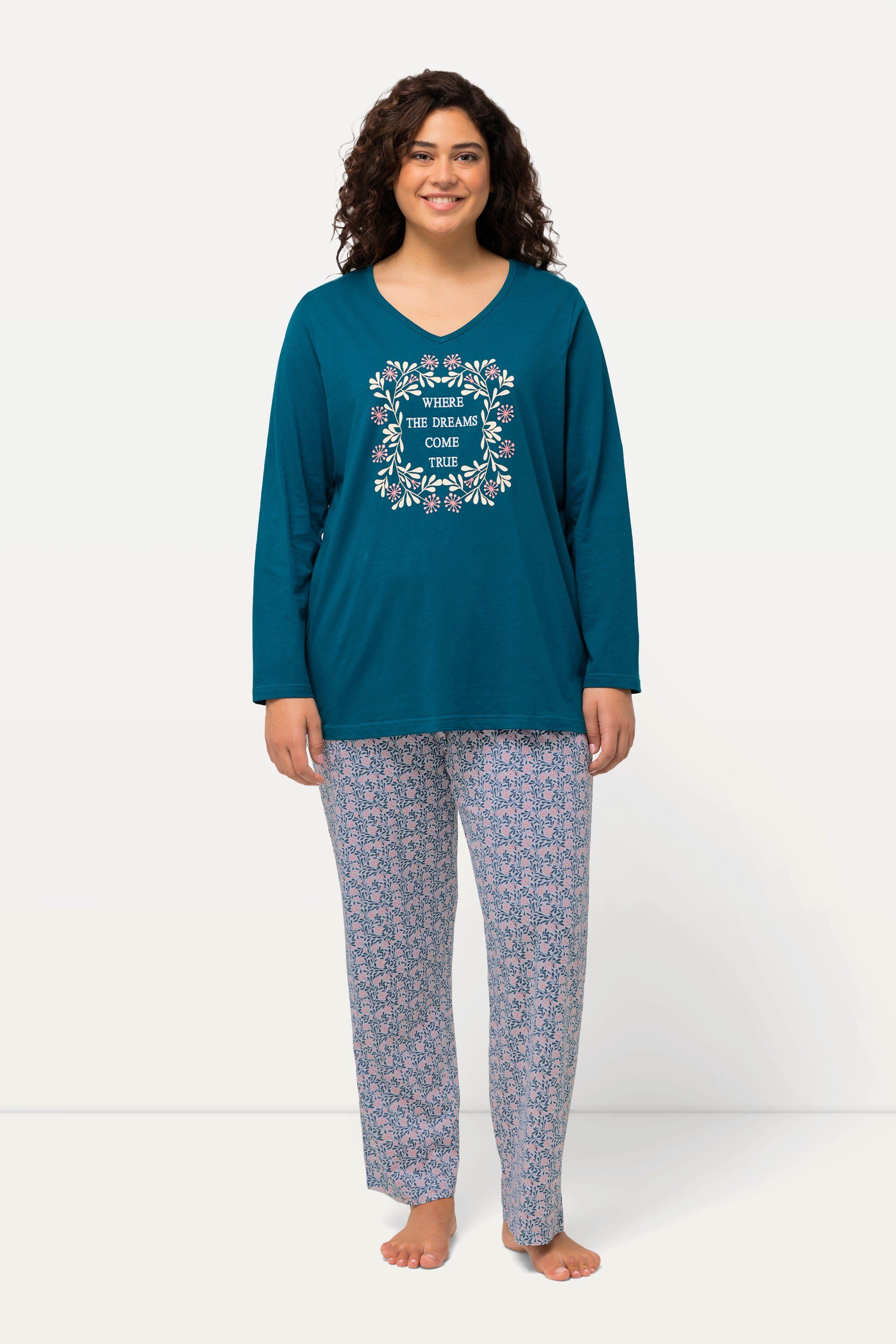 Ulla Popken Pyjama Pyjama Stickerei V-Ausschnitt Langarm