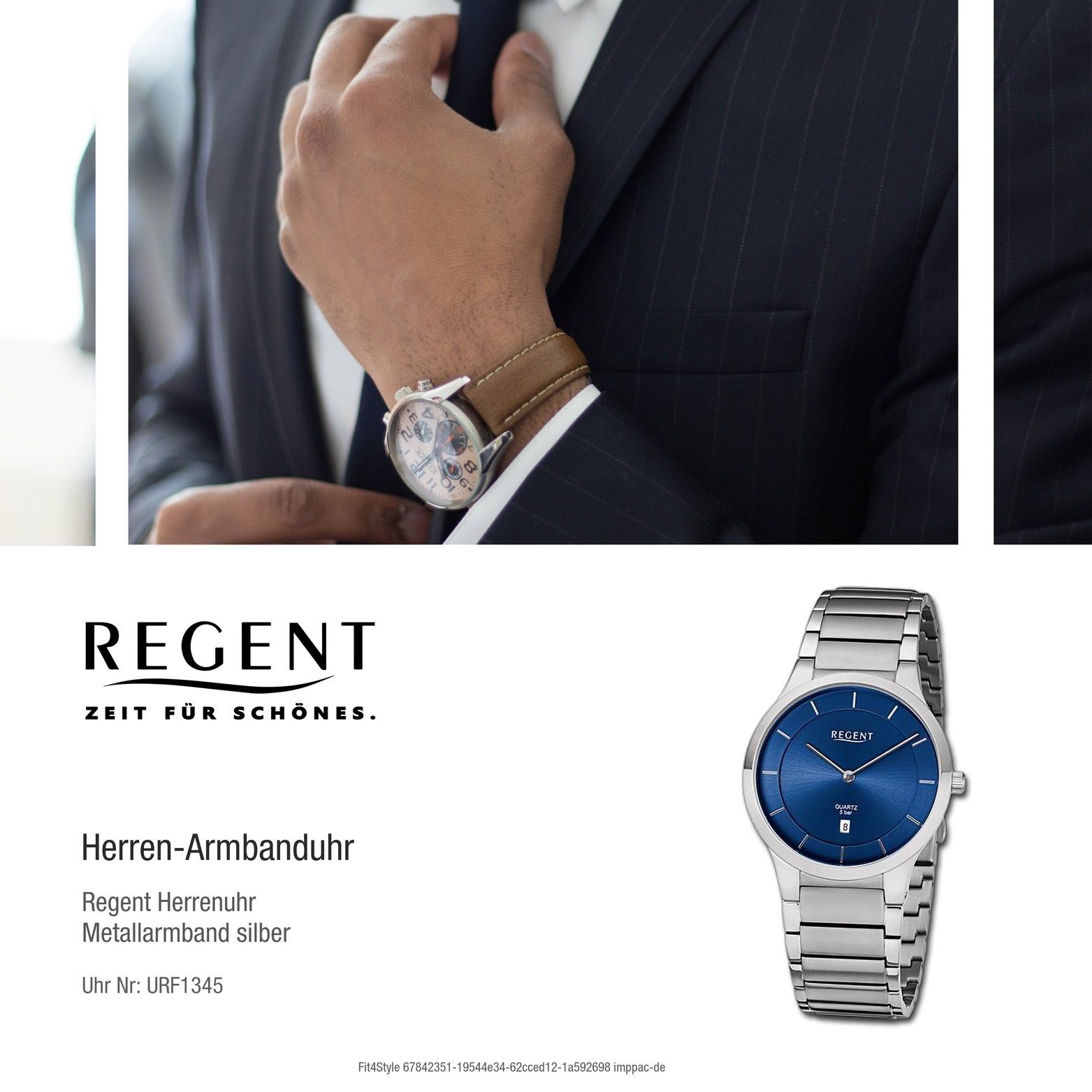 Regent Quarzuhr Regent Herren Armbanduhr groß Gehäuse, 38,5mm) silber, Herrenuhr rundes Analog, Metallarmband (ca