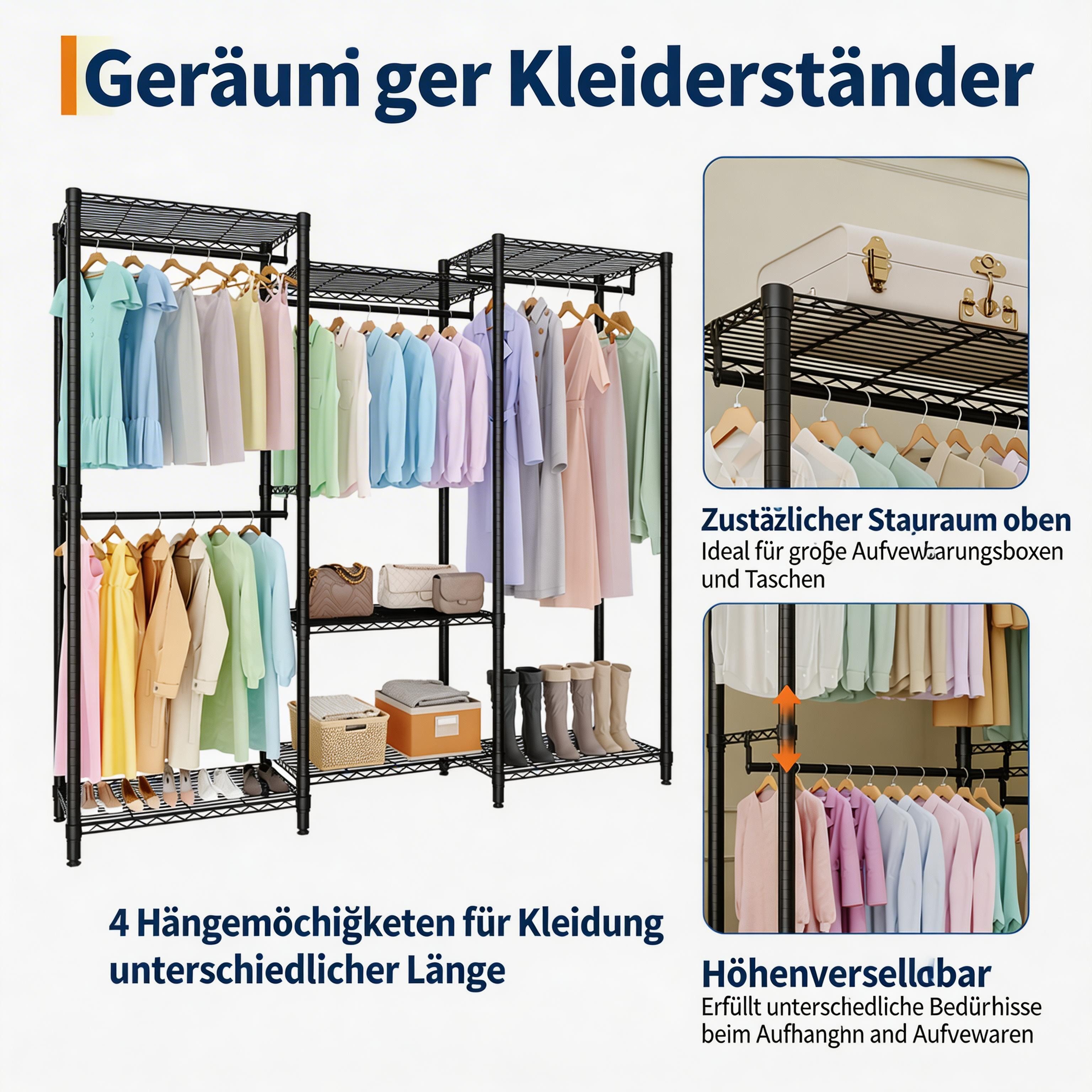 GarveeMore Kleiderständer Hangende Metall Kleidungshalter offen mit 4 Kleiderstangen – Bild 5 von 5