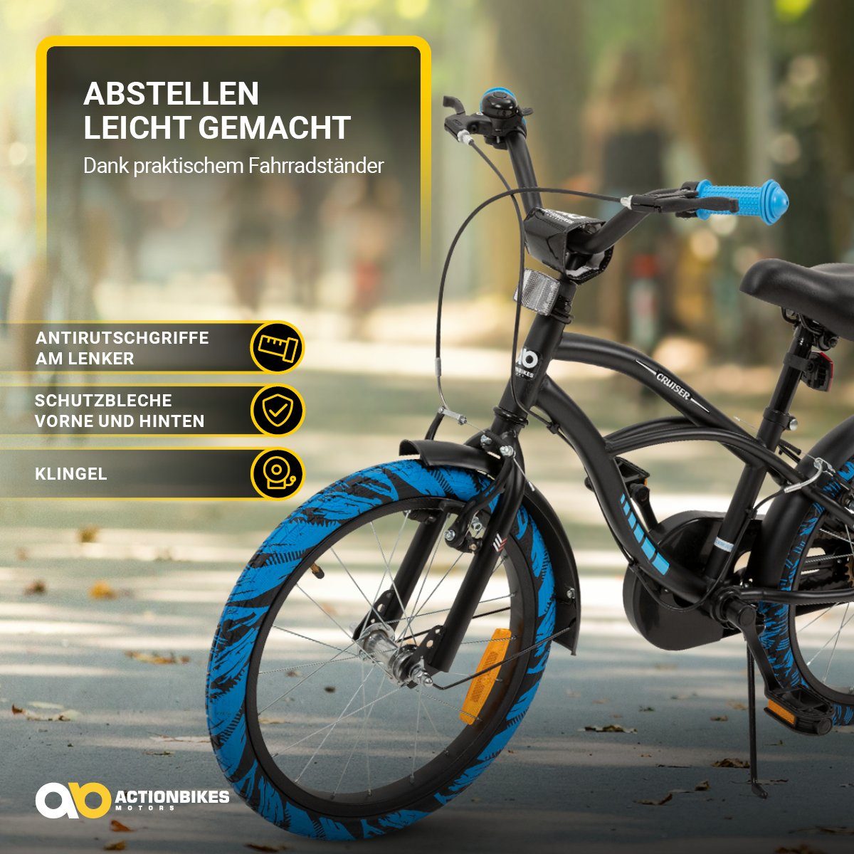Actionbikes Motors Kids' Bike Cruiser 18 inch - from 5 years, 1 speed, no gears, (trapezoidal frame, V-brakes, max. load 35 kg, black/blue, 1-piece, bell, chain guard, reflectors, cat's eyes, kickstand), height-adjustable bike for boys and girls, children's bike from 110 cm