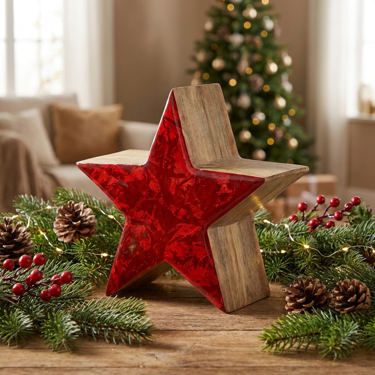 Florists Products Weihnachtsmann Deko Stern Mangoholz Rot Natur 20cm Weihnachtsdeko – Bild 2 von 4