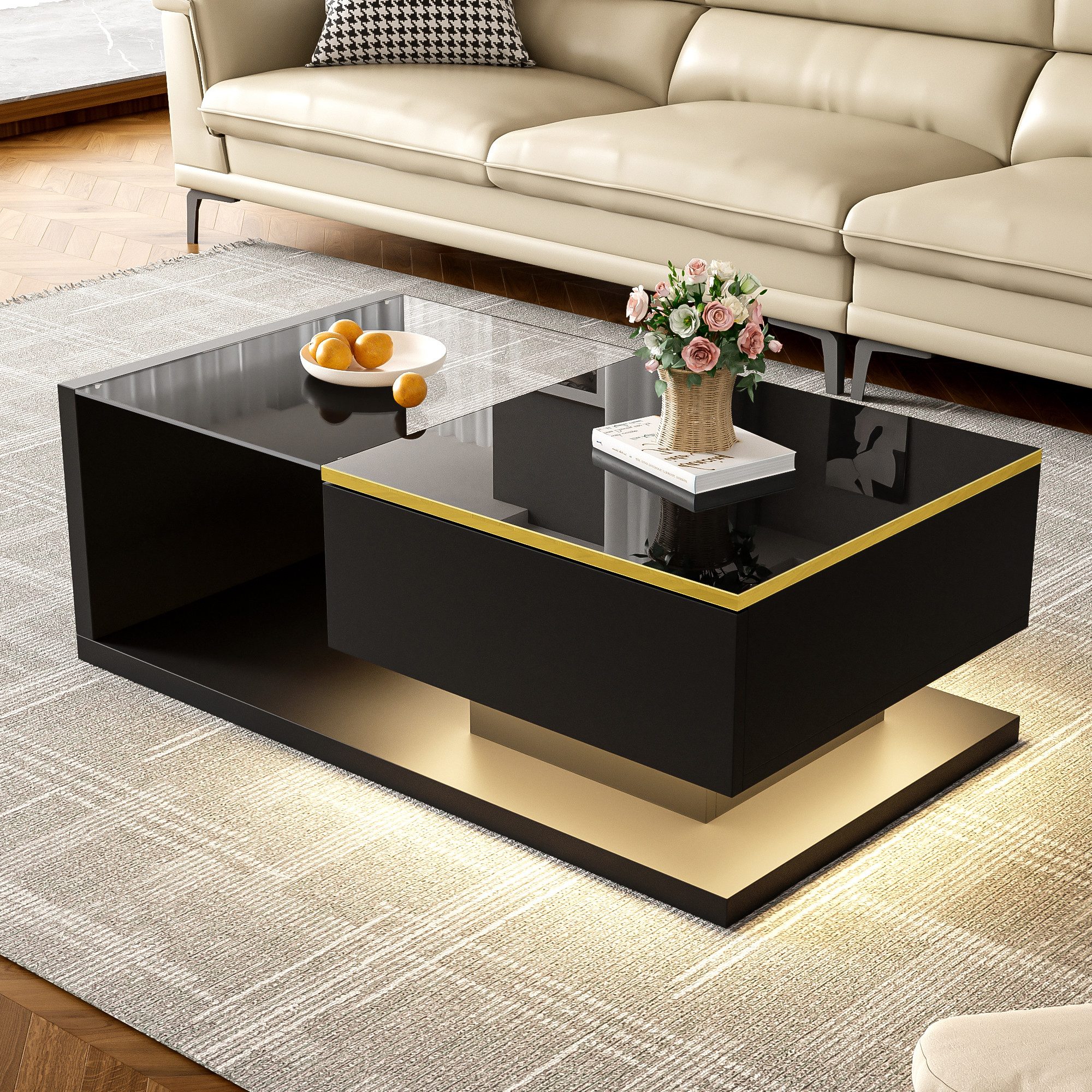 MODFU Couchtisch Hochglanzweiß/Schwarz mit Glasplatte (Satztisch, günstig online kaufen