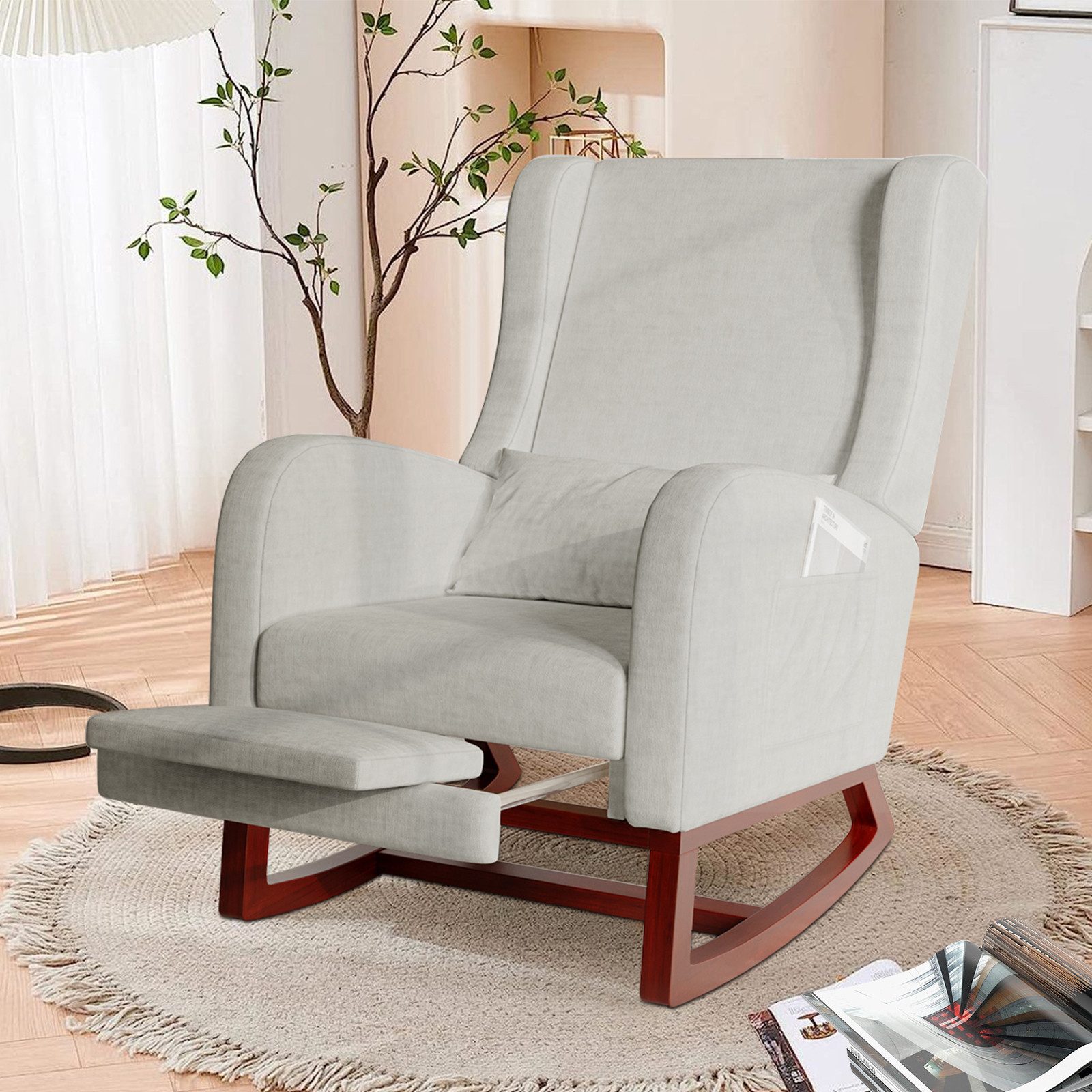 FUROKOY Schaukelstuhl Relaxsessel Stillsessel mit Holzsockel Fußstütze (Set, 1 St), Schaukelsessel,Leinenstoff,2 Seitentaschen,1 Lendenkissen,Grau