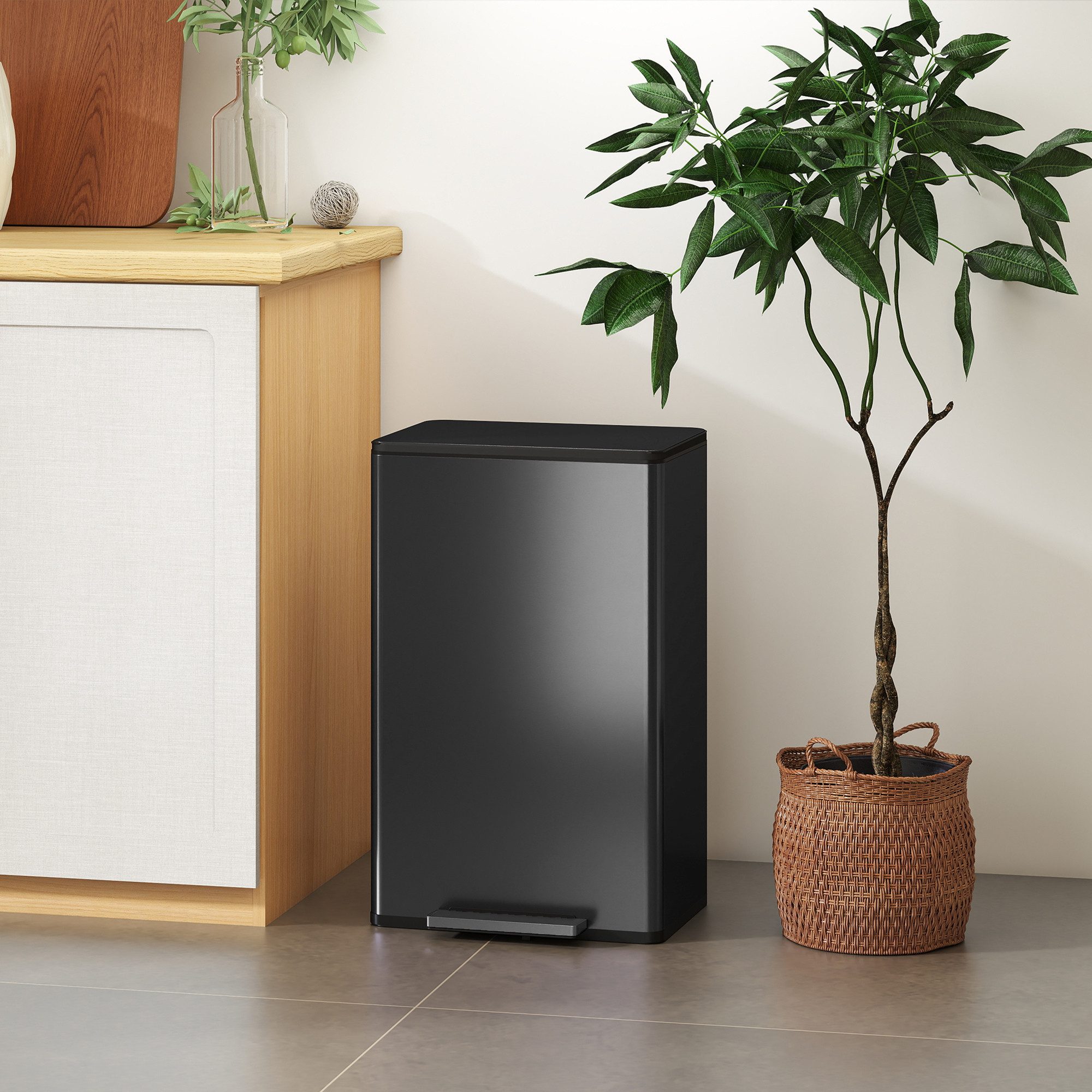 HOMCOM Mülltrennsystem Treteimer Abfalleimer mit Innenbehälter Bleib-Offen-Funktion, 45 l, Soft-Close, Offenhaltefunktion
