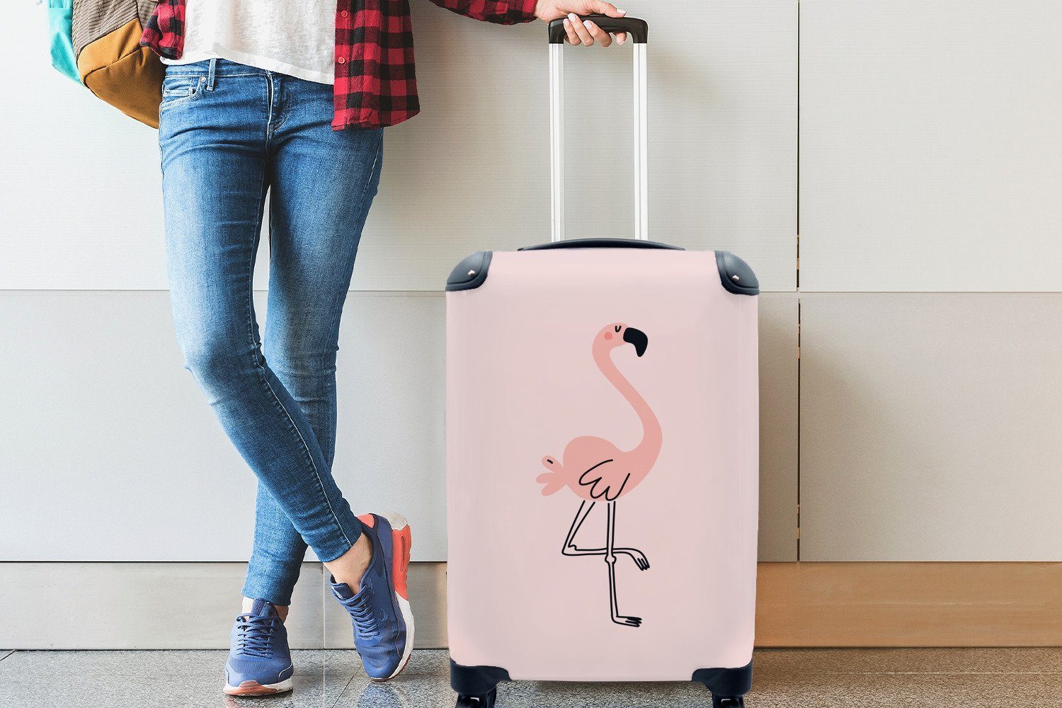 MuchoWow - Rosa Rollen, Flamingo 4 Handgepäckkoffer Reisetasche mit Mädchen, - Ferien, Handgepäck Illustration Reisekoffer - - - Handarbeit Kinder für Trolley, rollen,