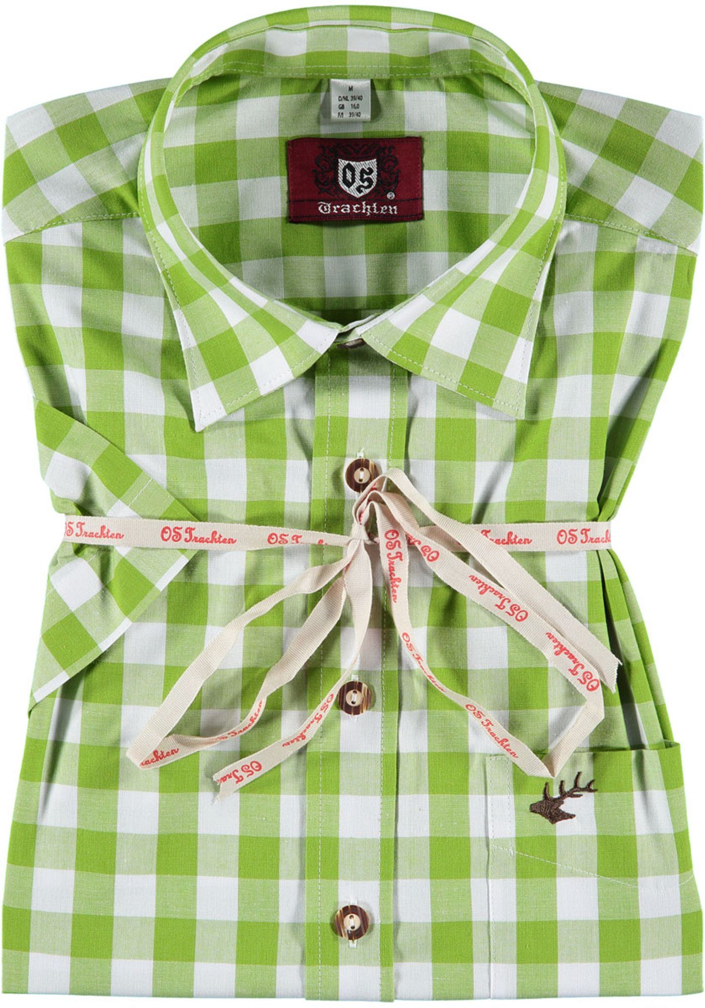 Brusttasche giftgrün Kurzarmhemd OS-Trachten mit Hirsch-Stickerei aufgesetzter Iluvu mit Trachtenhemd