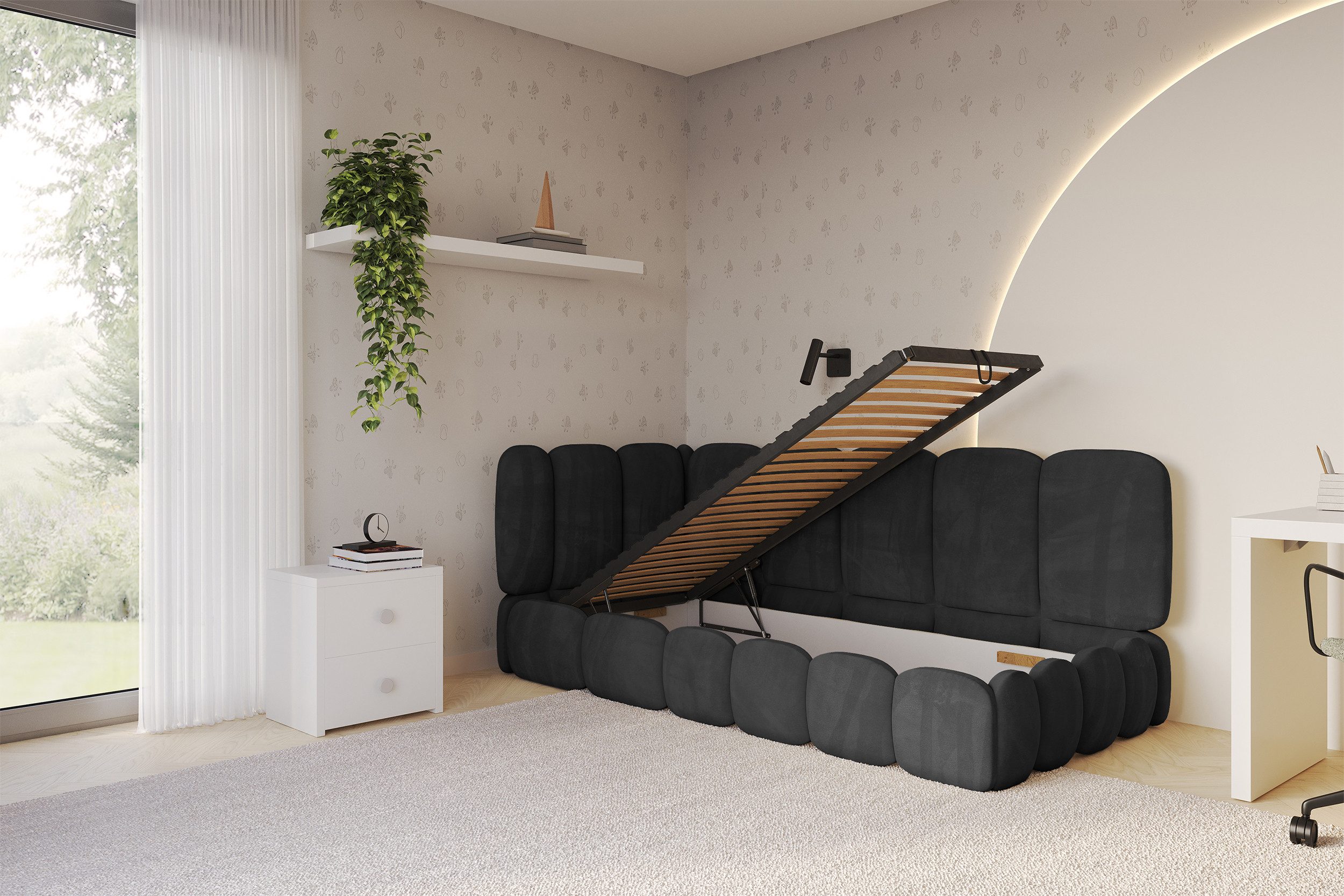 ALTDECOR Jugendbett AVRY (Jugendbett mit Bettkasten und Lattenrost, Polsterbett ohne Matratze), Einzelbett mit Stauraum, Bett mit Kopfteil