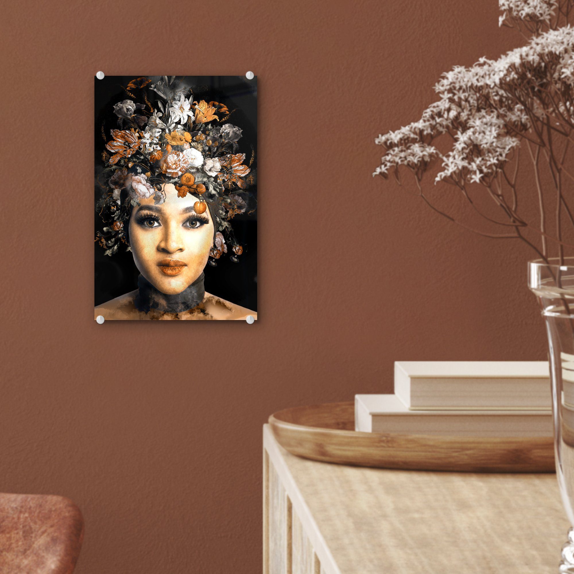 - Blumen Foto (1 - Bilder Wandbild Make-up, MuchoWow Glas auf Frau Glasbilder auf - Glas - St), - Acrylglasbild Wanddekoration