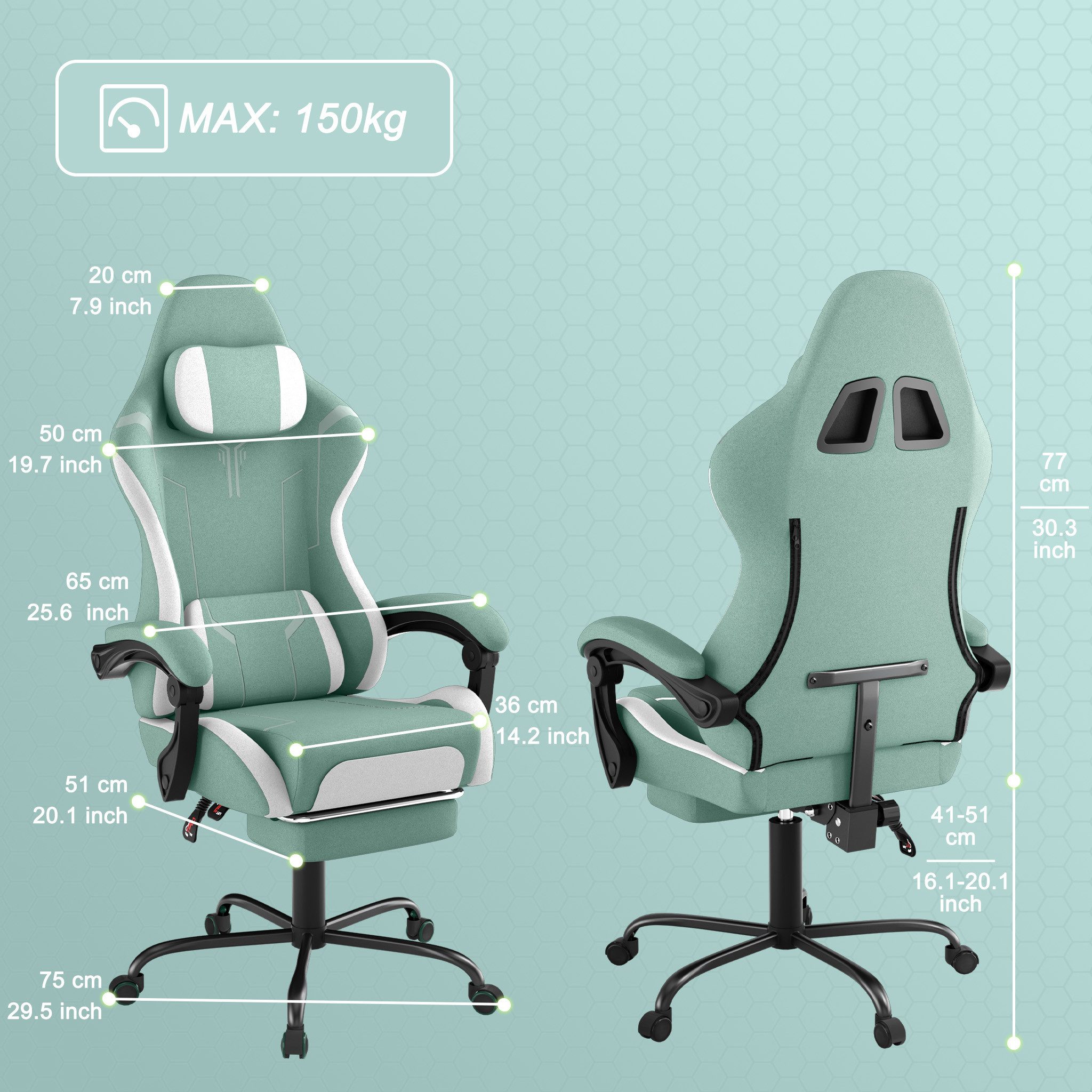 FIVMEN Gaming-Stuhl Racing Ergonomischer Computer-Bürostuhl mit Massage-Lendenkissen, Ausziehbarer Fußstütze Lordosenstütze Kopfstütze, höhenverstellbarer