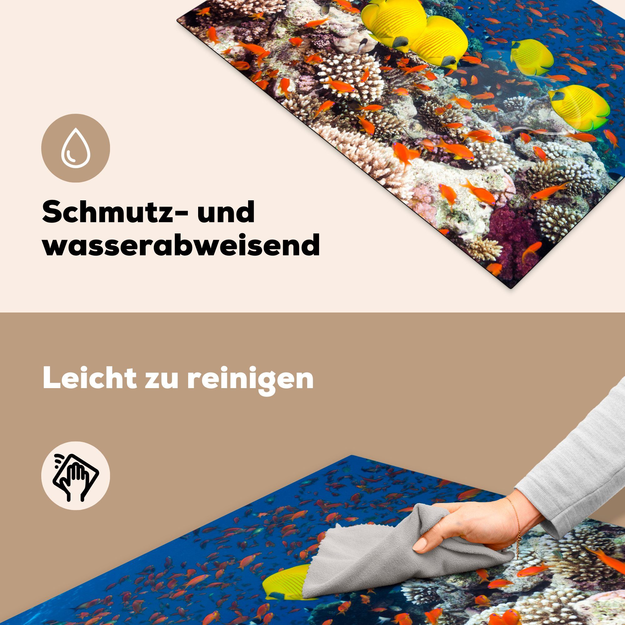 Roten Meer, Fische (1 Schutz tlg), für 81x52 schwimmen MuchoWow die über Hartkorallen Herdblende-/Abdeckplatte küche, cm, im Vinyl, Gelbe Ceranfeldabdeckung Induktionskochfeld