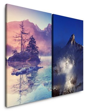Sinus Art Leinwandbild 2 Bilder je 60x90cm Alpen Berge Bergsee Reflexion klares Wasser Nebel Beruhigend