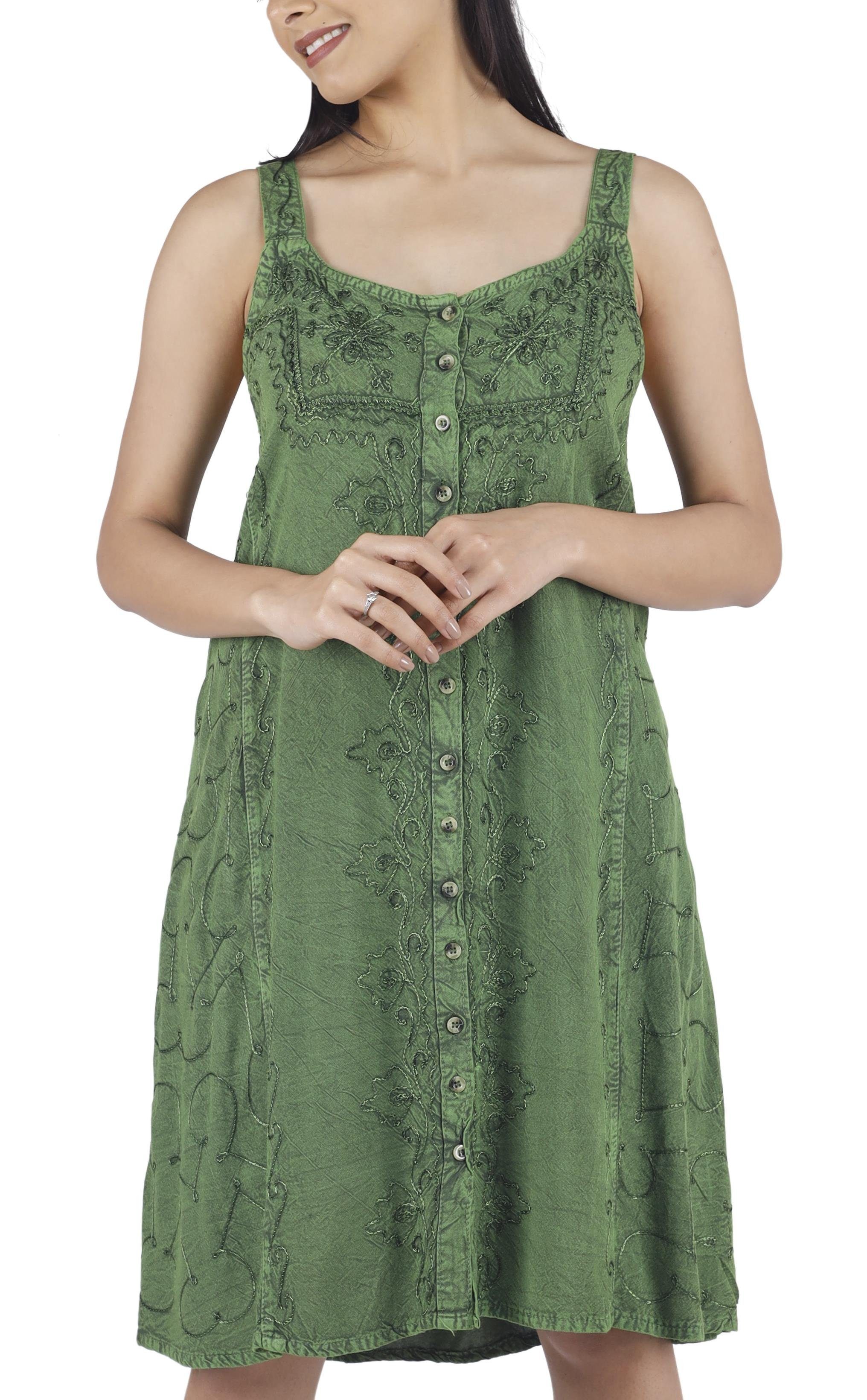 Guru-Shop Midikleid Besticktes indisches Kleid, Boho Minikleid -.. alternative Bekleidung grün Design 9
