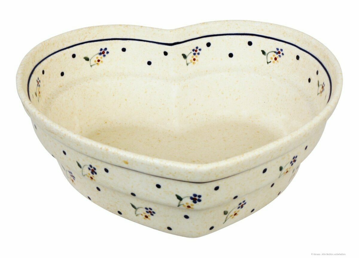 Bunzlauer Keramik Backform Bunzlauer Keramik 1,5L Herzschüssel Motiv Backform 22x7,7cm Dekor 111