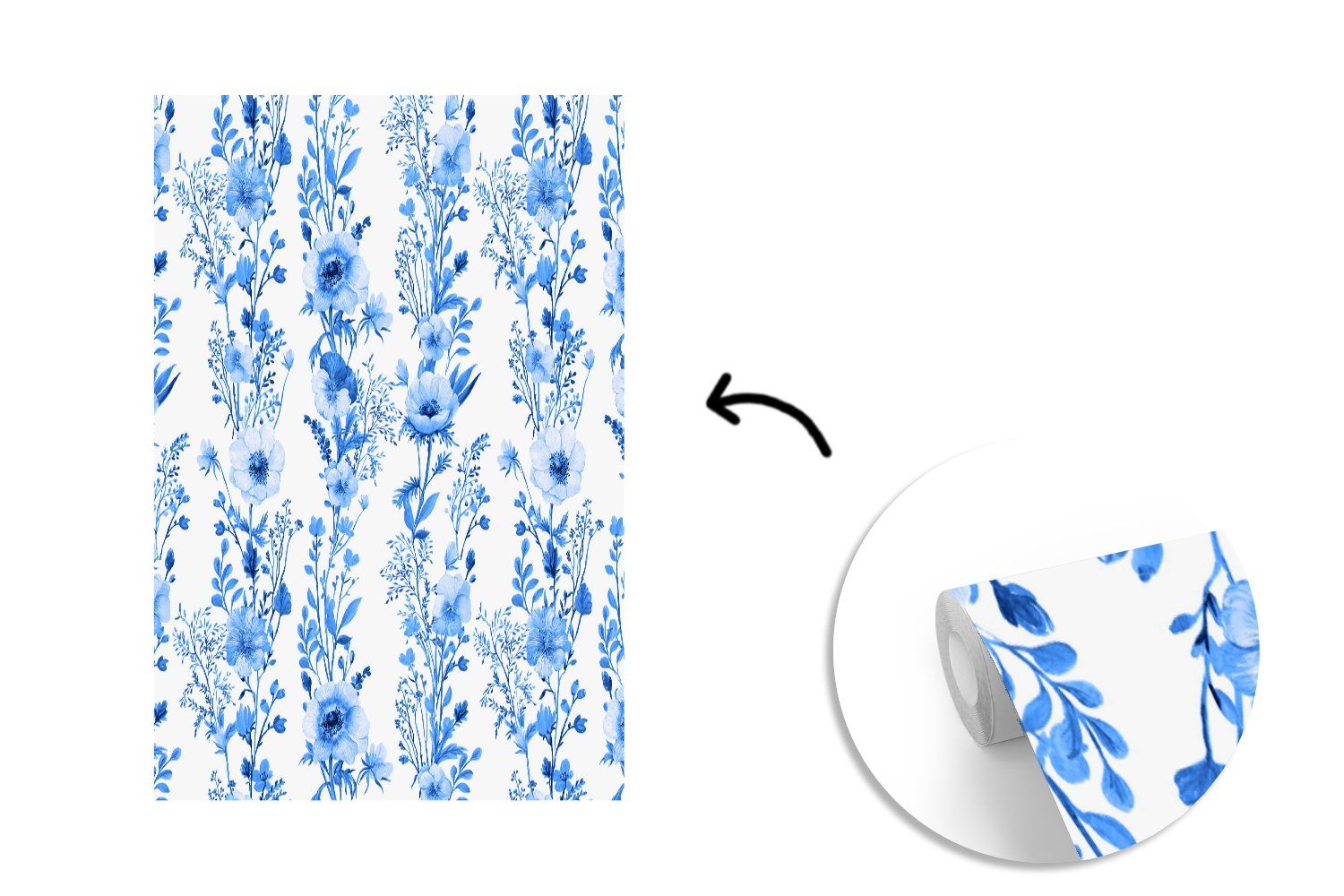 Matt, - St), bedruckt, - - Tapete für Wandtapete Muster, Blau Montagefertig Anemone (3 Vinyl Wohnzimmer, Fototapete MuchoWow Blumen