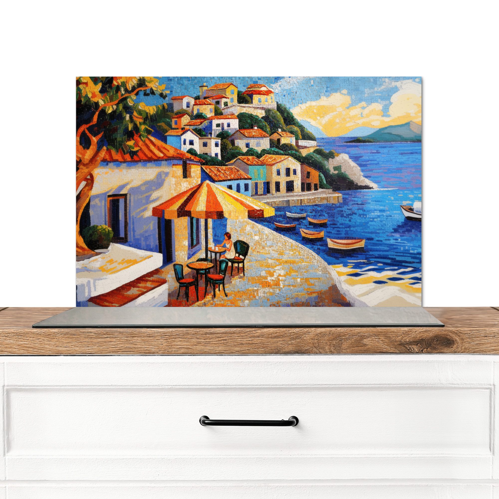KitchenYeah Küchenrückwand Küstendorf - Ferienhäuser - Mosaik - Meer, (1-tlg), Spritzschutz Küche, Küchendeko, 60x40 cm