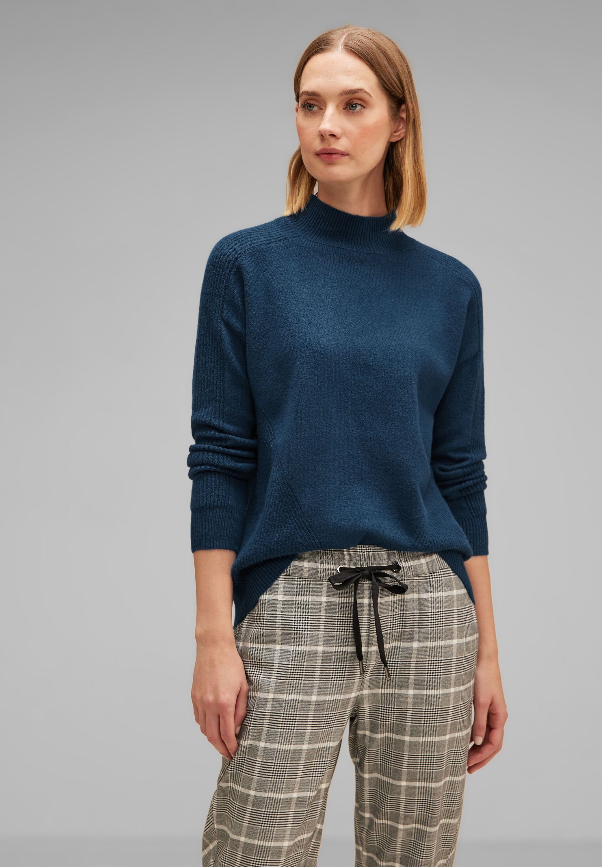 Damenpullover ONE blue Strickpullover atlantic Rippstrick-Muster, STREET Melange-Optik