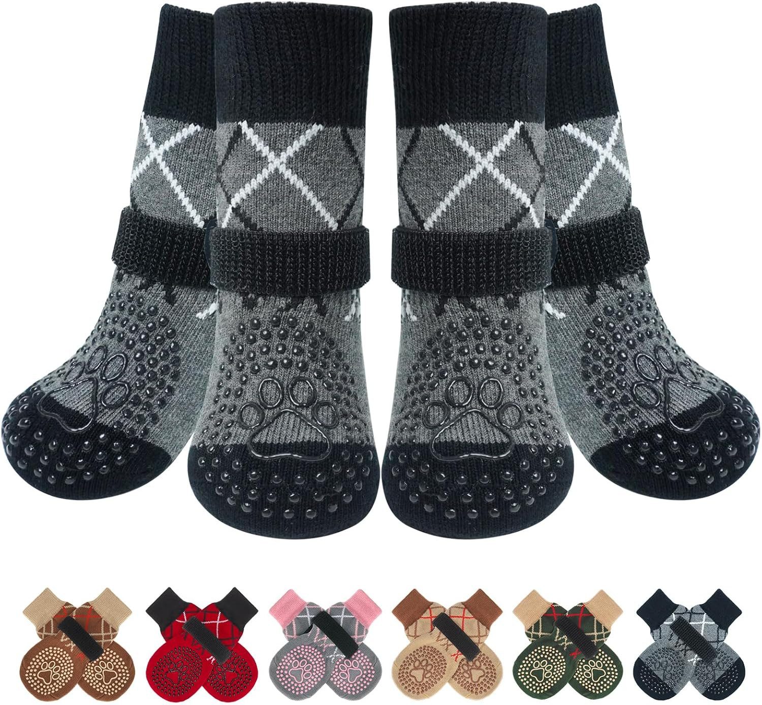 Coonoor Pfotenschutz 4 Stück Doppelseitige Anti Rutsch Hundesocken, (Leckschutz mit Klettverschluss Riemenfür Innenbereich), Pfotenschutz für Hunde, Schuhe für Kleine, Mittlere und Große Hunde