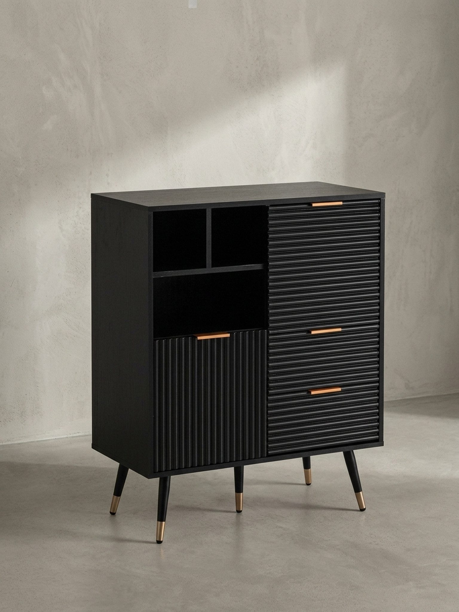 KADIMA DESIGN Kommode Sideboard 77x97x40 cm Anrichte Schwarz mit Eiche-Dekor, Kommode mit (Standschrank Wohnzimmer Metallbeine), Türen und Schubladen, Kommodenschrank Flurschrank mit Regal Modern