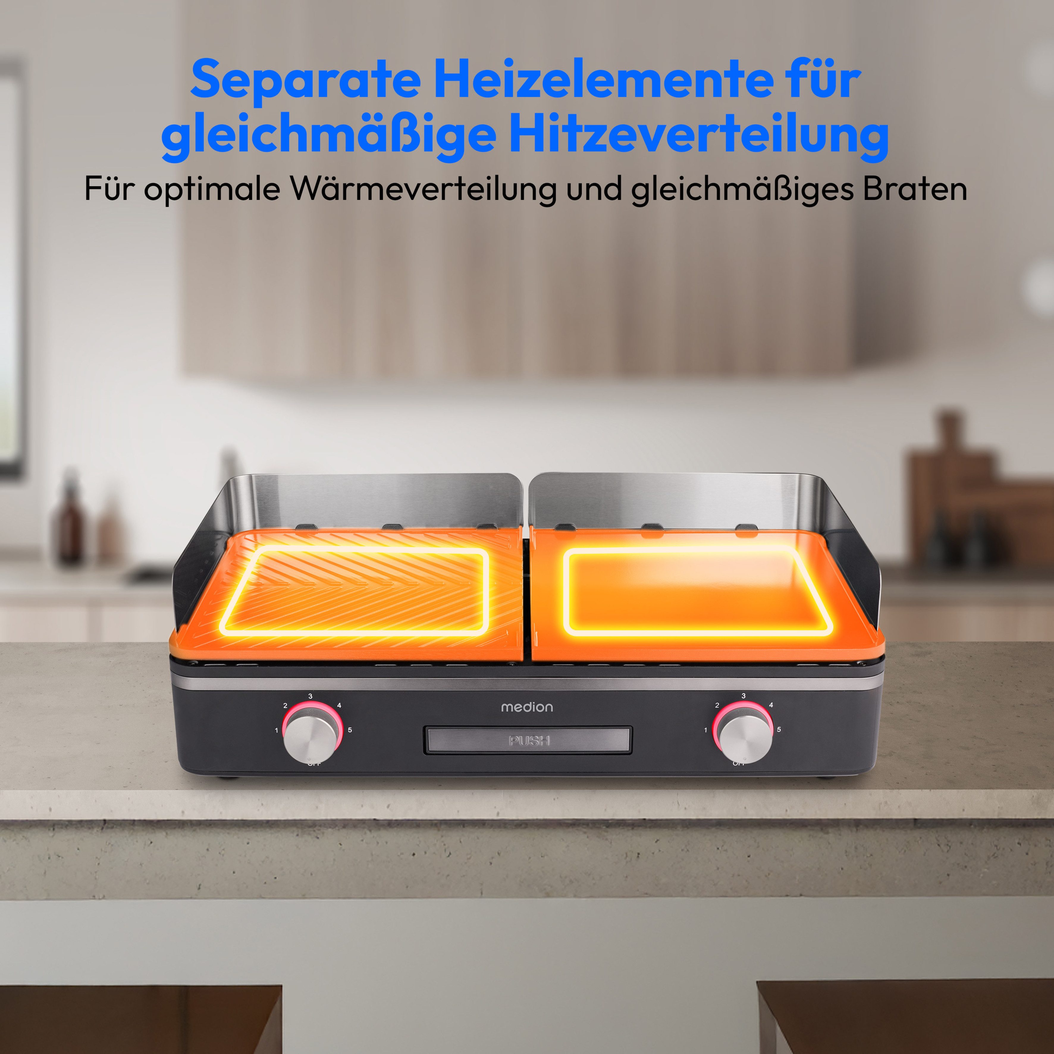 Medion® Tischgrill MD12027, mit Dual-Zonen-System, 2,400 Watt, 2 abnehmbare Platten, 2400 W, bis max. 240 °C, PFAS Frei, LED-Statusanzeige, IPX4-Schutz
