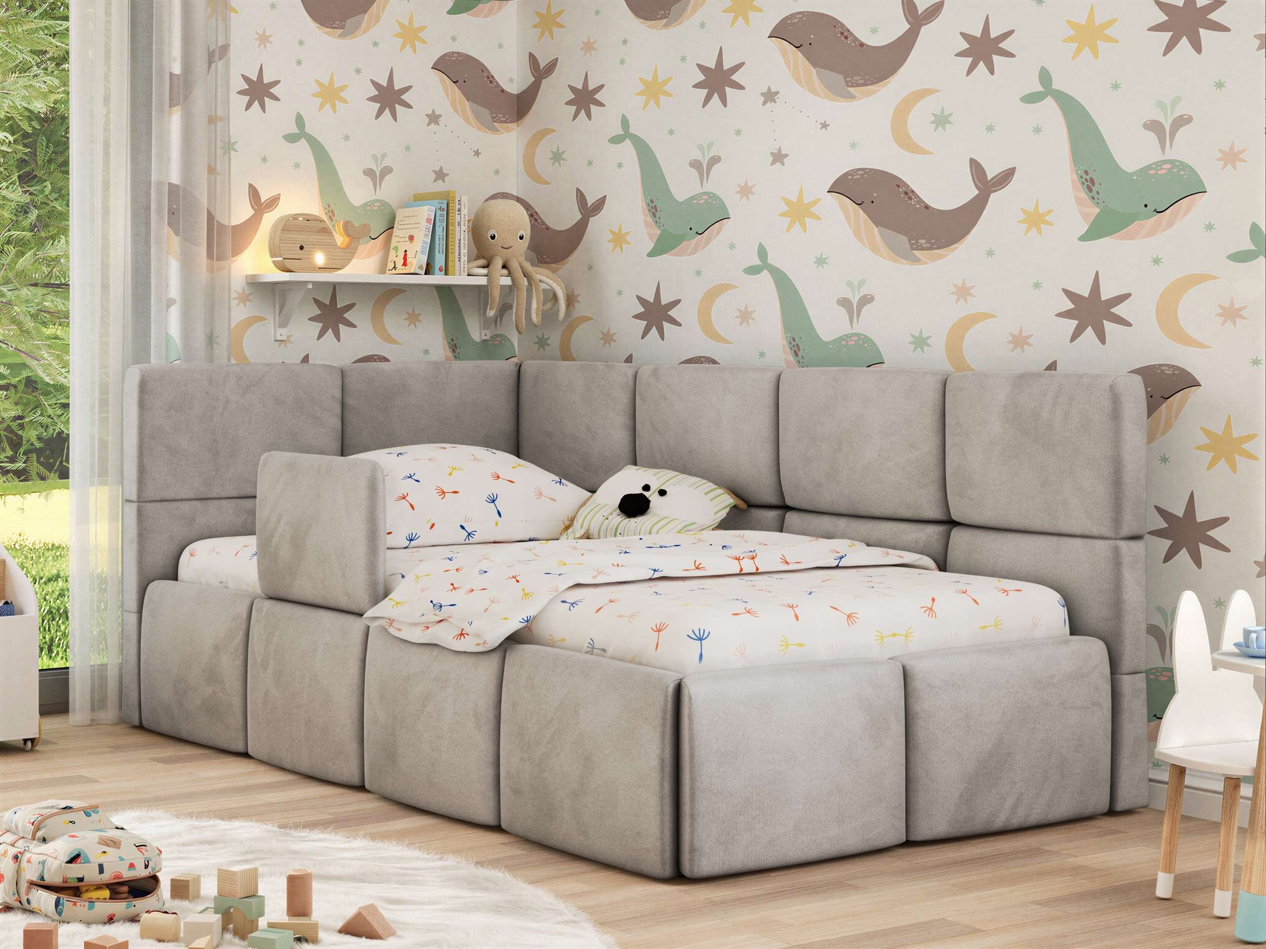 MKS MÖBEL Kinderbett ARVO ALTA (Set, inkl. Lattenrost, Bettkasten, Sicherheitsbarriere & Kopfteil), Eckbett mit Stauraum, Rausfallschutz & Gasdruckfedern