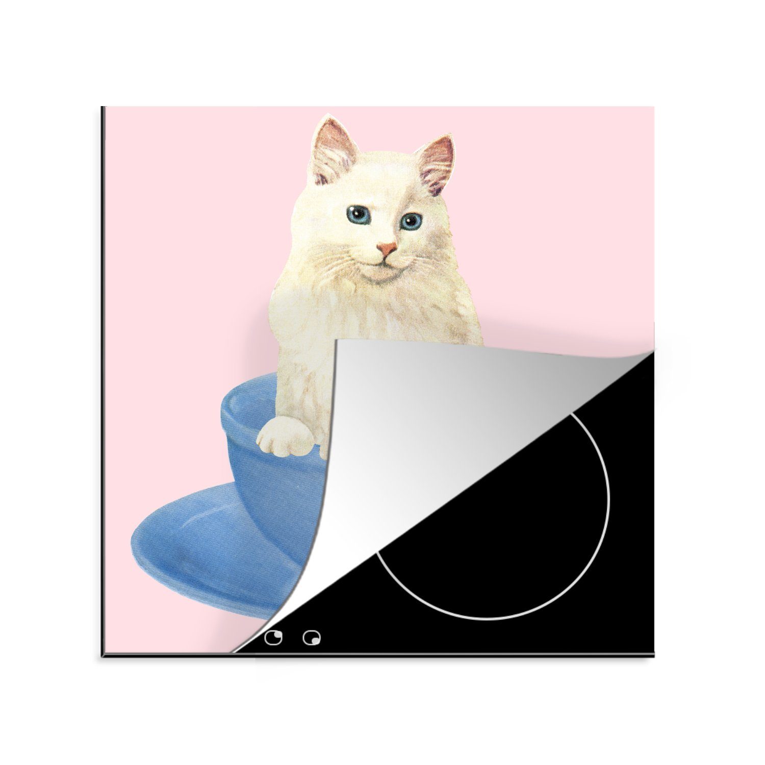 MuchoWow Herdblende-/Abdeckplatte Katzen - Illustration - Tasse, Vinyl, (1 tlg), 78x78 cm, Ceranfeldabdeckung, Arbeitsplatte für küche