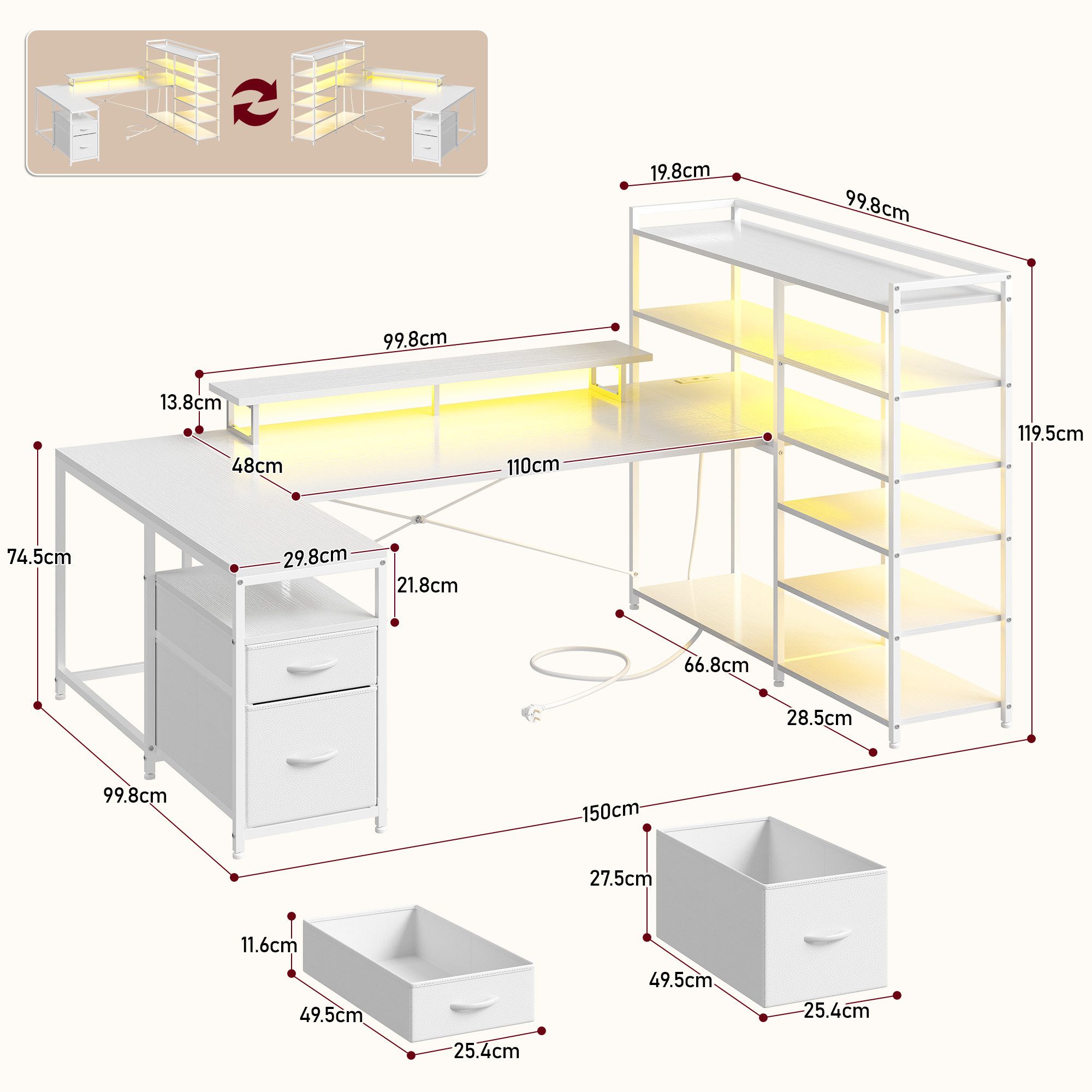Klyvvo Eckschreibtisch U-Form Schreibtisch mit LED, 2 Schubladen & 6 Regalen (1-St., Monitorhalterung, Steckdosen), Großer Schreibtisch für Homeoffice, Studieren, Gaming