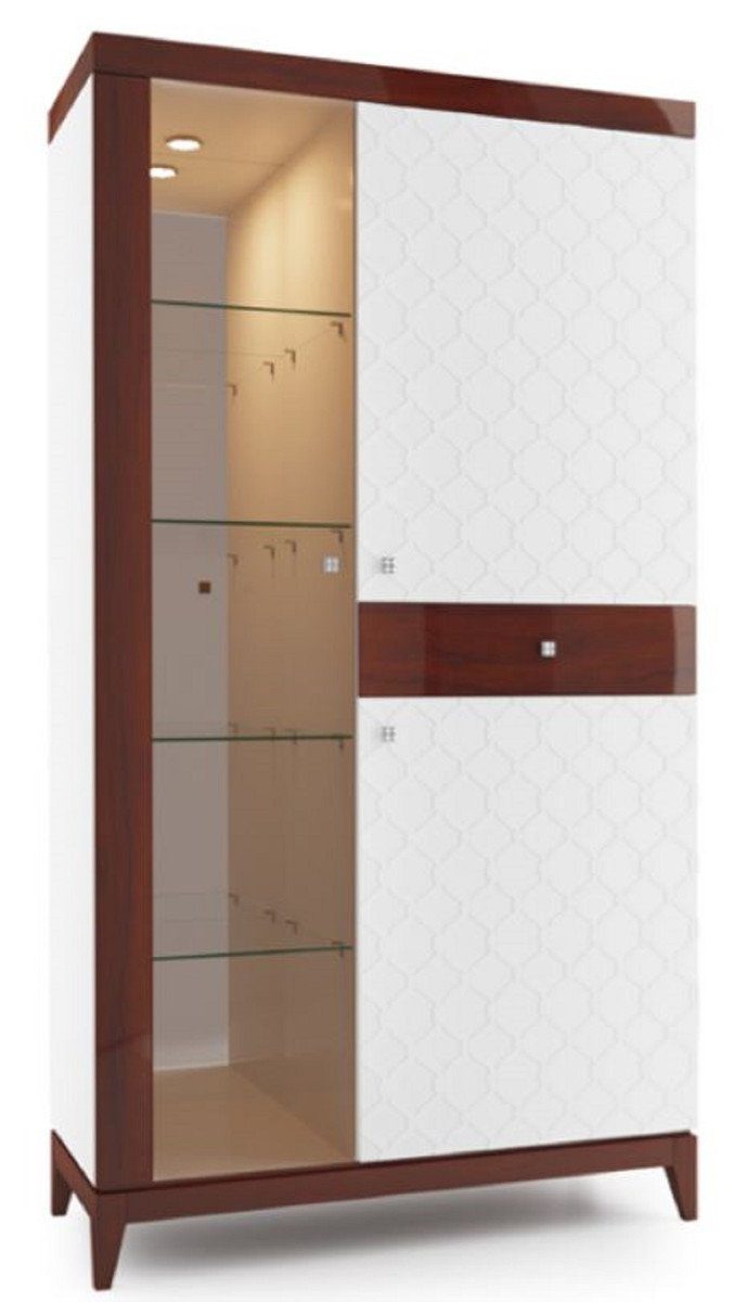 Casa Padrino Vitrine Luxus Vitrinenschrank Weiß / Hochglanz Braun 111,2 x 45 x H. 205 cm - Beleuchteter Wohnzimmerschrank mit 2 Türen und Schublade - Wohnzimmermöbel