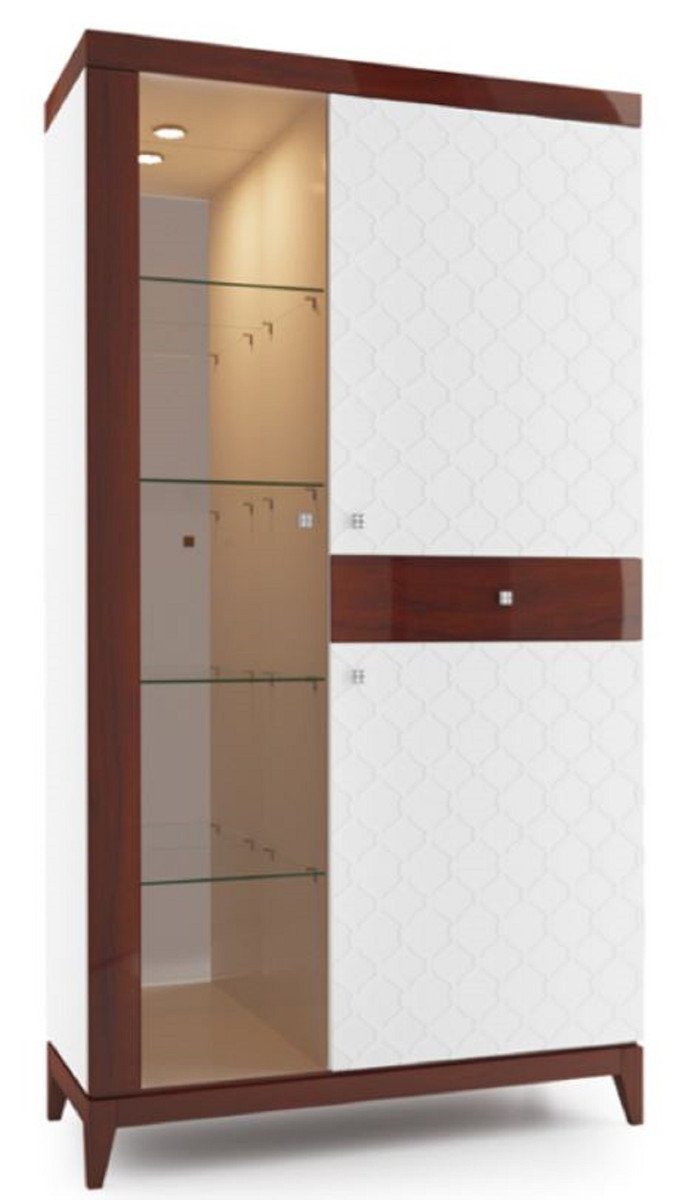 x 205 Luxus 45 Vitrinenschrank - Wohnzimmerschrank cm Braun und Weiß Padrino / 2 H. Casa - 111,2 Vitrine Wohnzimmermöbel x Schublade Beleuchteter mit Hochglanz Türen