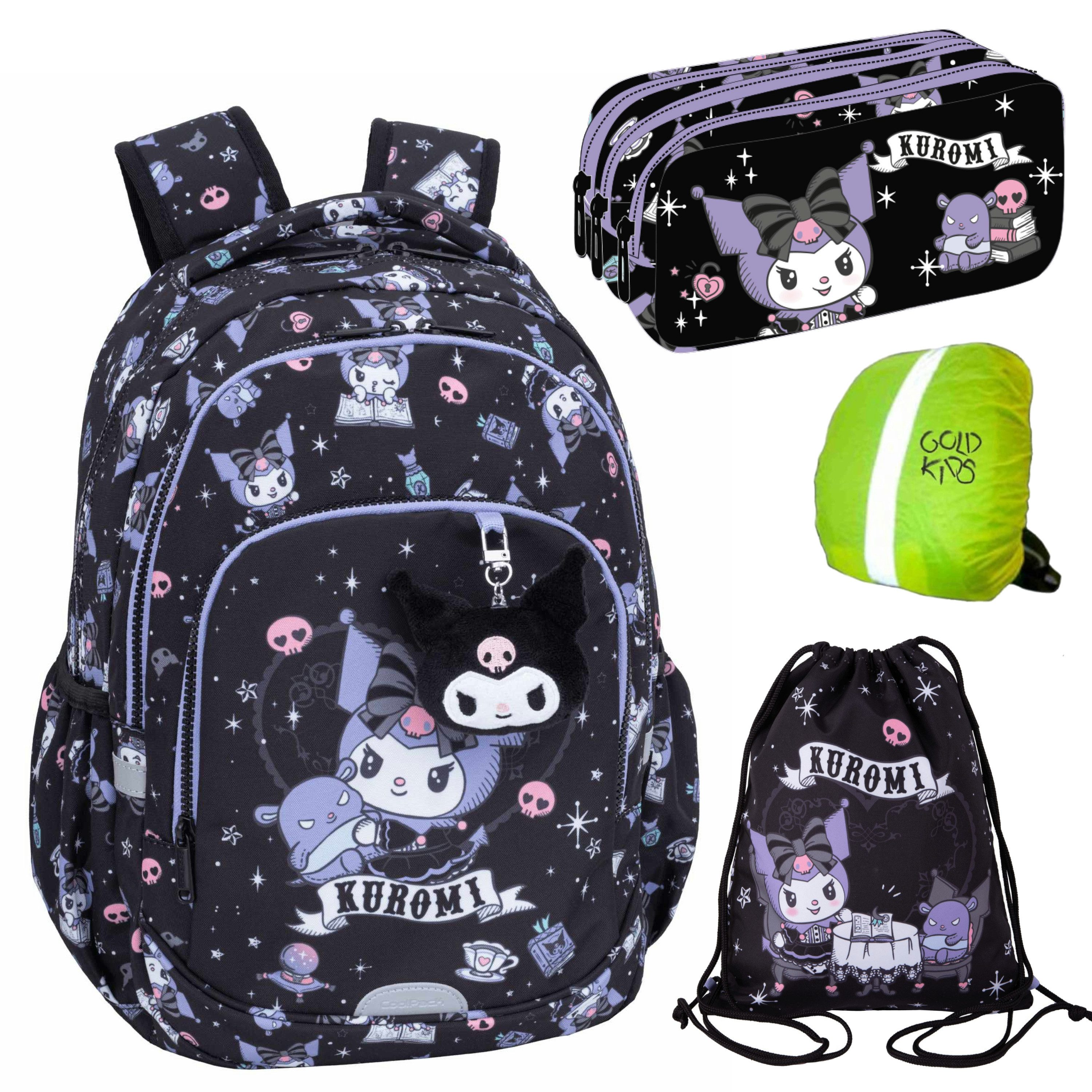 GOLDKIDS Schulranzen für Jungen und Mädchen, 4er-Set (mit Schlampermäppchen, Schuhbeutel, Regenschutz, 1-tlg., Schul-Rucksack für Kinder), Kuromi Motiv
