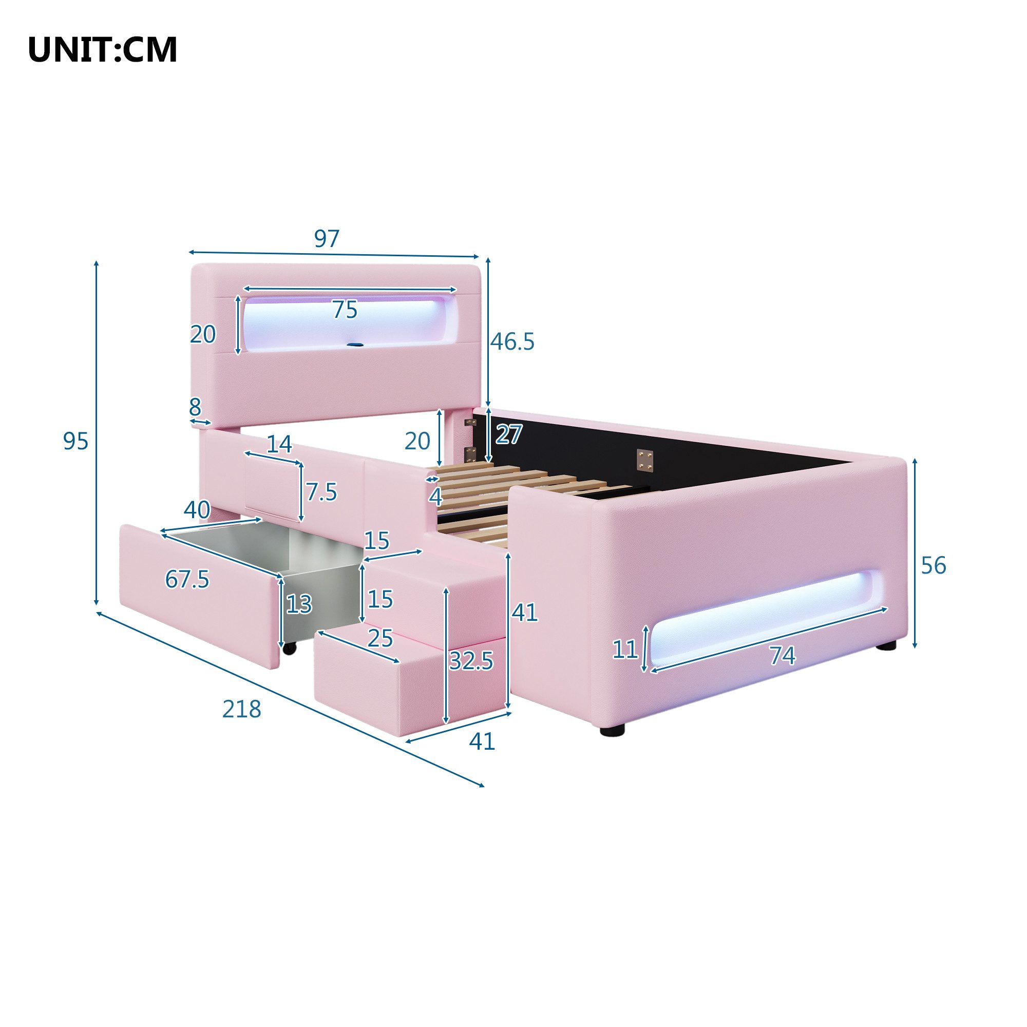 Odikalo Kinderbett 90x200 mit LED und Schublade weiss rosa (Gepolstertes Plattformbett (90 x 200 cm) mit Treppe, Schubladen, LED-Lichtleisten und Aufbewahrungst – Bild 4 von 5