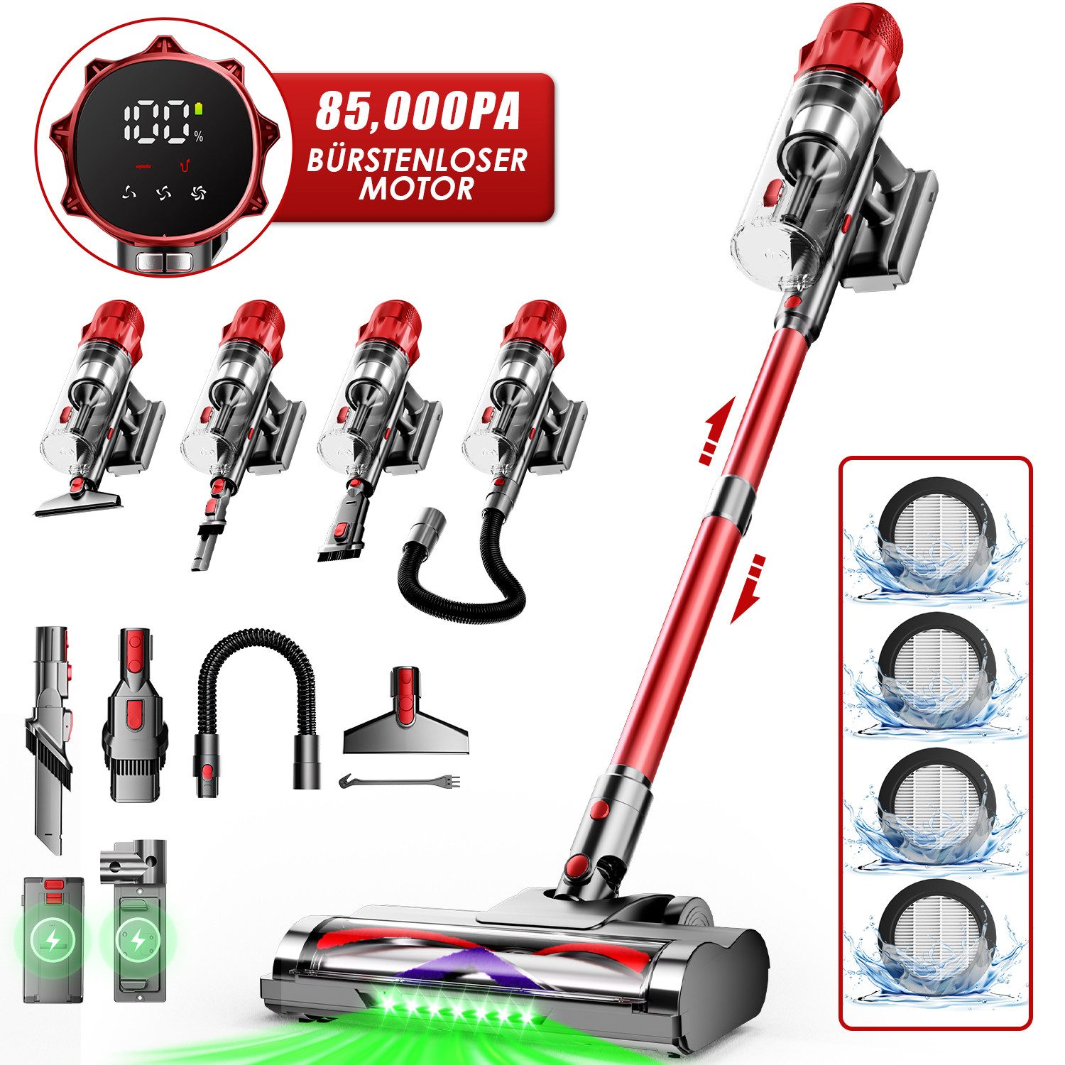 Hiazurm Akku-Hand-und Stielstaubsauger Akku Staubsauger,85000Pa/2.8L/70min OLED-Display Staubsauger Kabellos, Super Leise Stabstaubsauger für Tierhaare und Teppiche