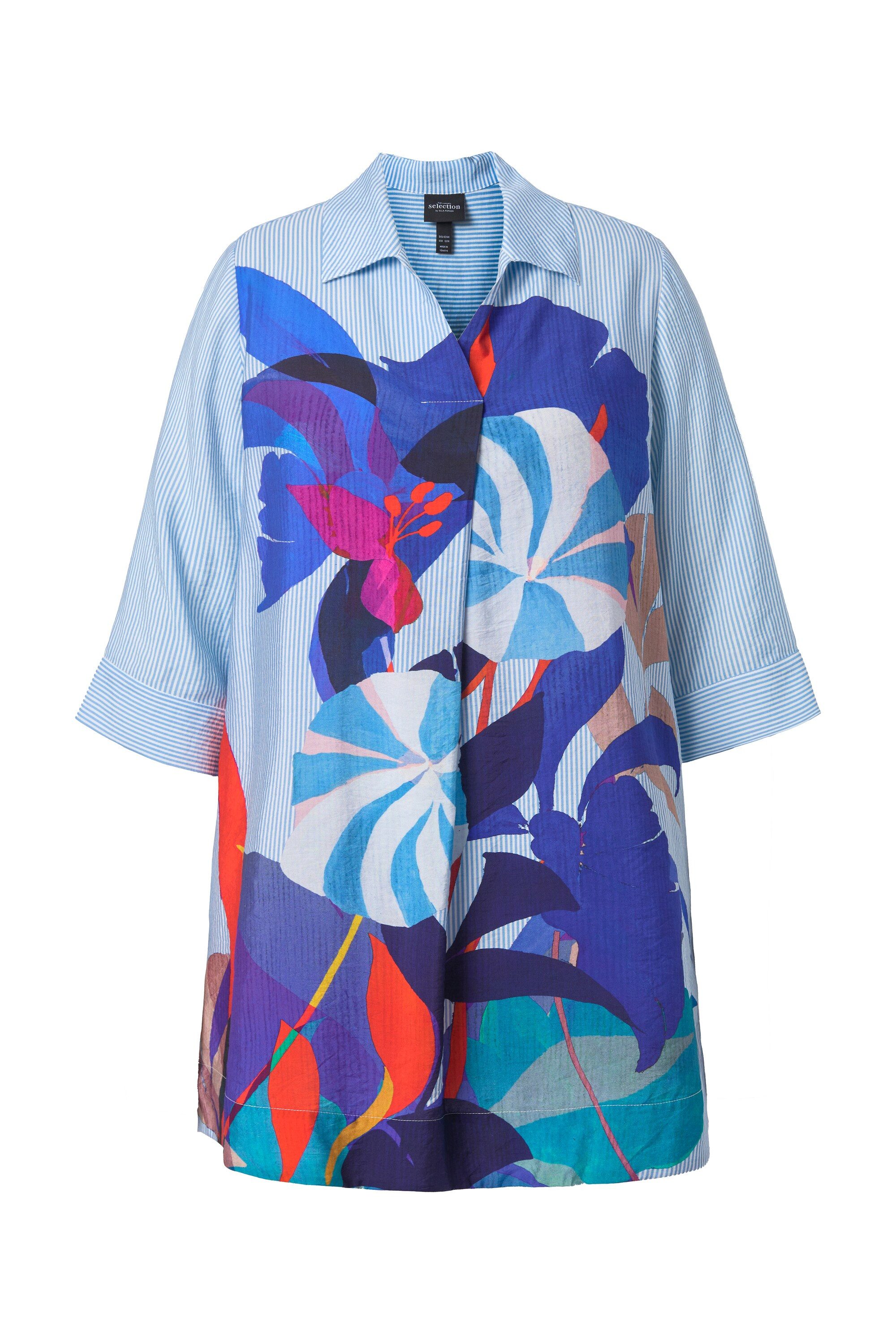 Ulla Popken Tunika Longbluse Streifen/Blüten A-Linie Hemdkragen günstig online kaufen