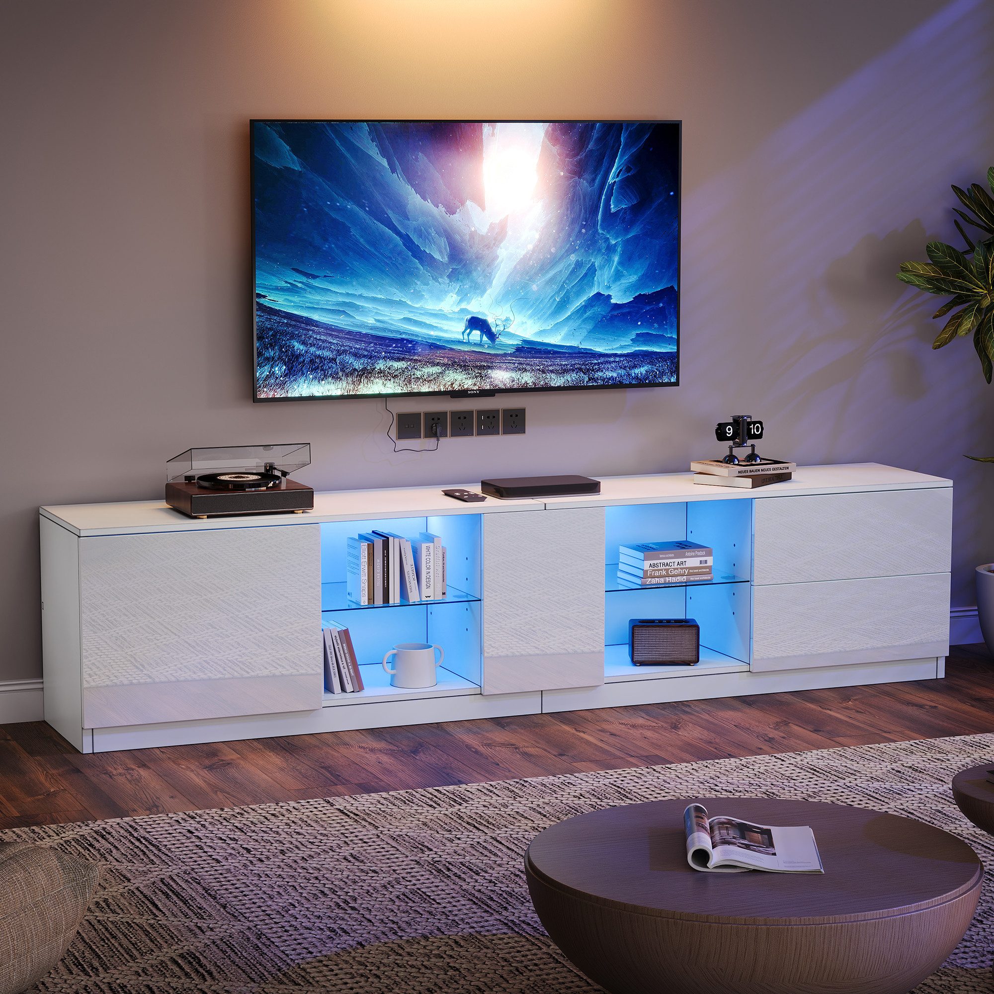Merax TV-Schrank hochglanz TV-Schrank mit LED-Beleuchtung (1-St) Fernsehschrank Fernsehtisch mit 2 Schubladen & Glaselementen,B: 160cm