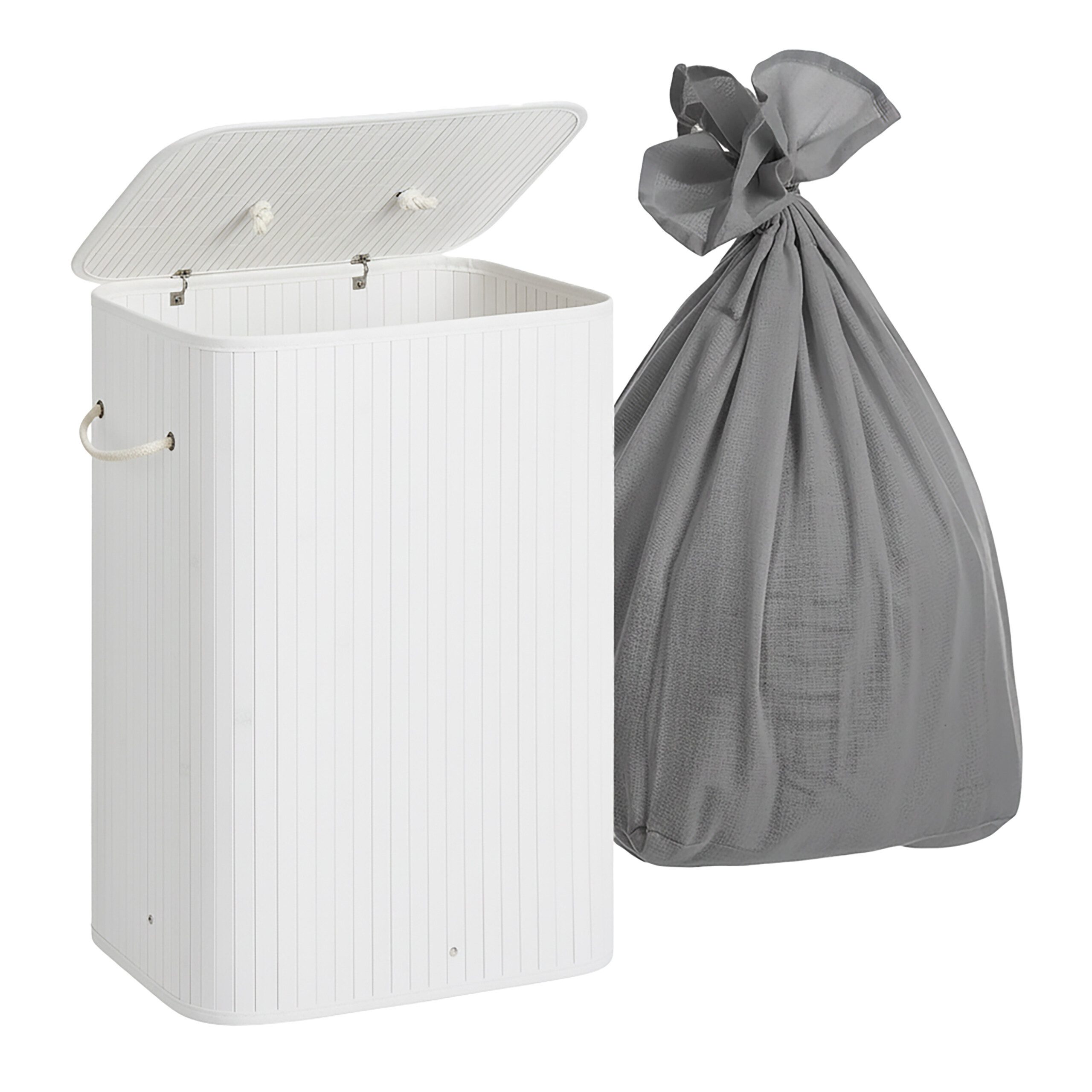 relaxdays Wäschekorb Bambus Wäschekorb mit 2 Fächern, weiß günstig online kaufen