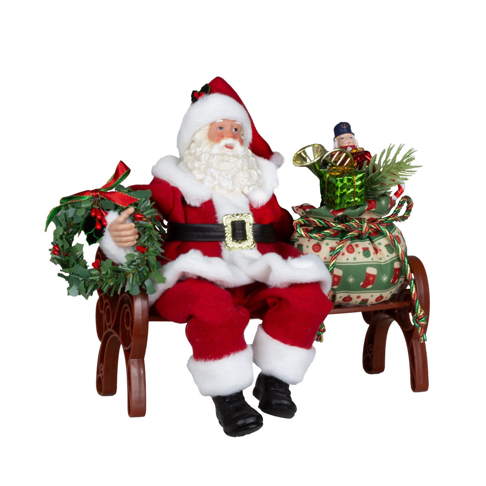 Christmas Paradise Weihnachtsmann sitzend 28cm auf Bank (Santa, 1 St., Weihnachtsdeko), mit buntem Geschenkesack und Weihnachtskranz